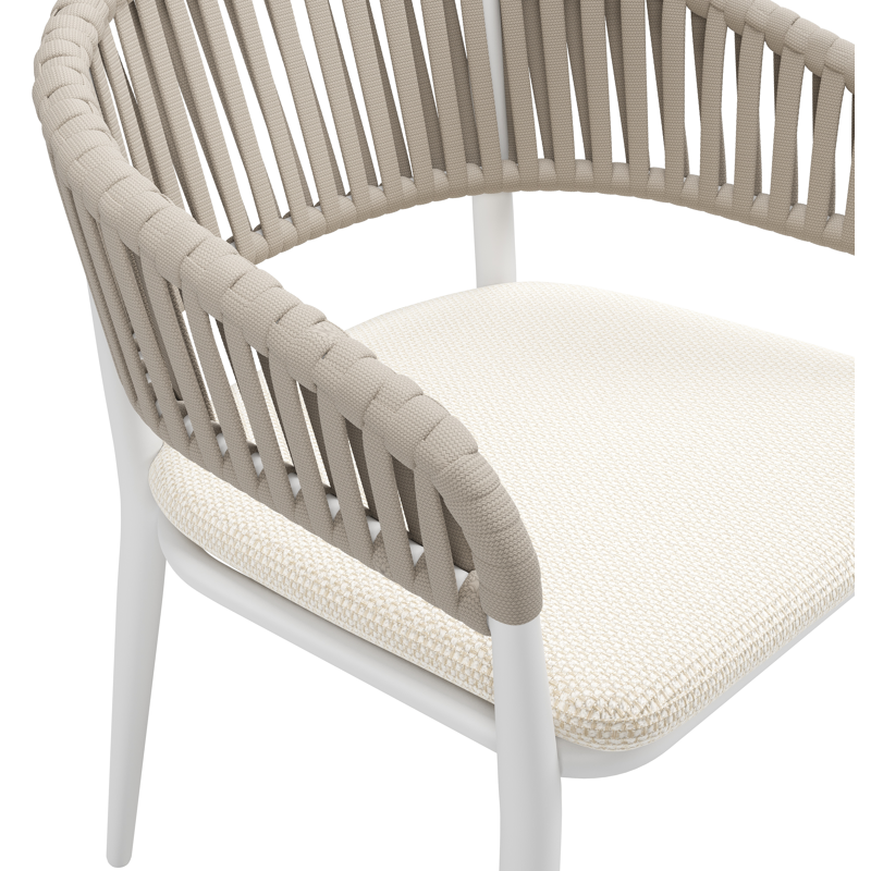 Tolfa stapelbare tuinstoel in wit aluminium en beige verticaal geweven luxe vlakke brede rope met stoelkussen in All Weather Cosytica Althea Off White