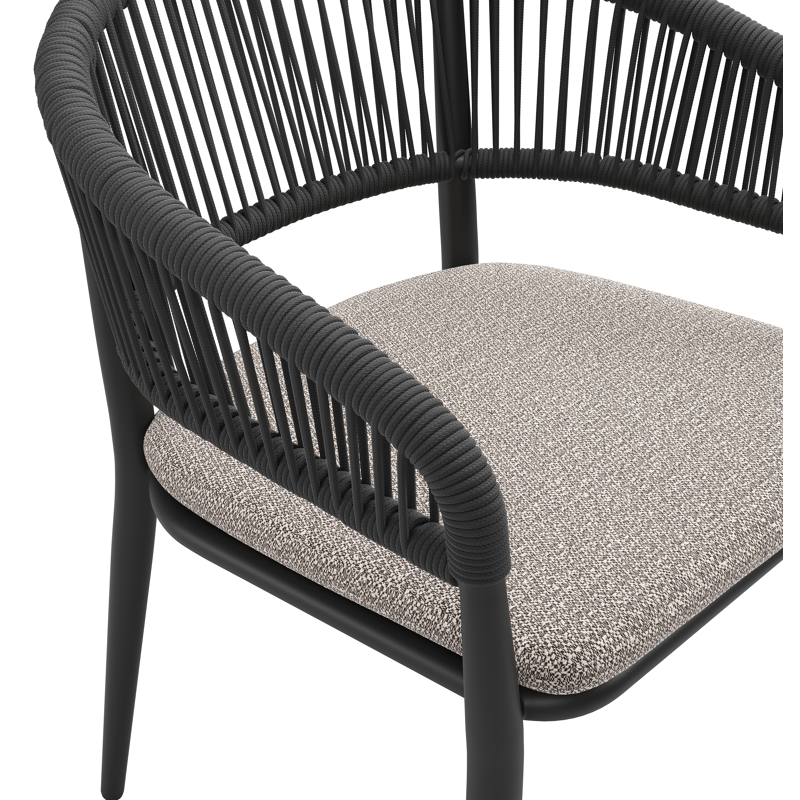 Tolfa stapelbare tuinstoel in zwart aluminium en zwart verticaal geweven ronde rope met stoelkussen in All Weather Sunbrella® Luxe Wander Granite