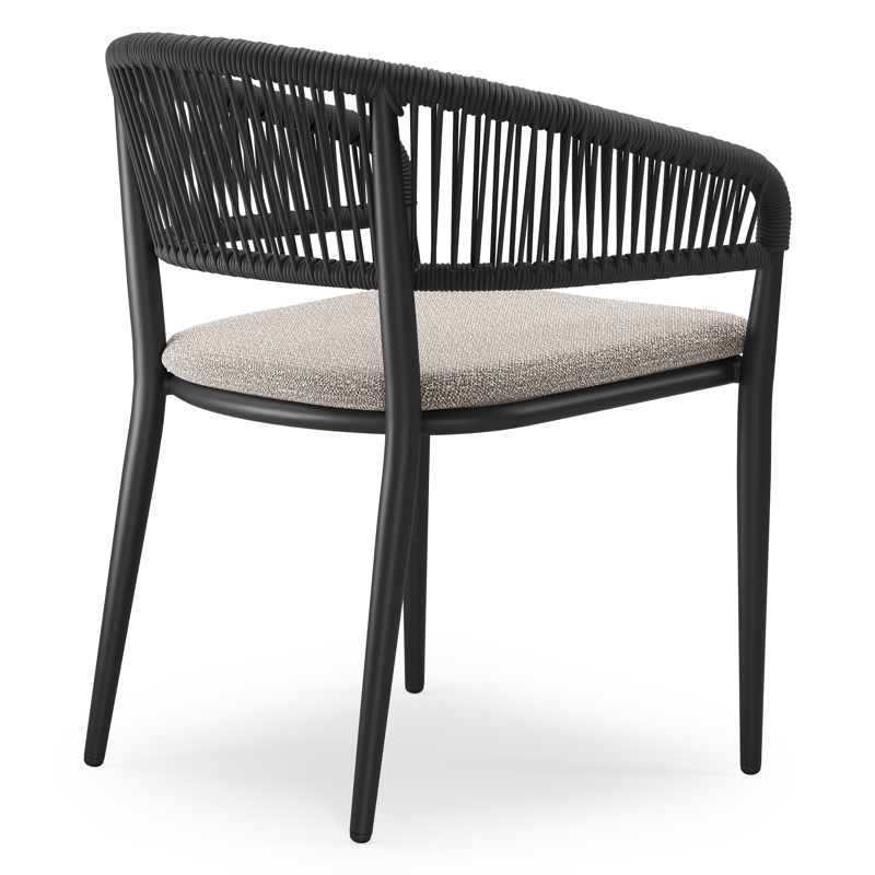 Tolfa stapelbare tuinstoel in zwart aluminium en zwart verticaal geweven ronde rope met stoelkussen in All Weather Sunbrella® Luxe Wander Granite