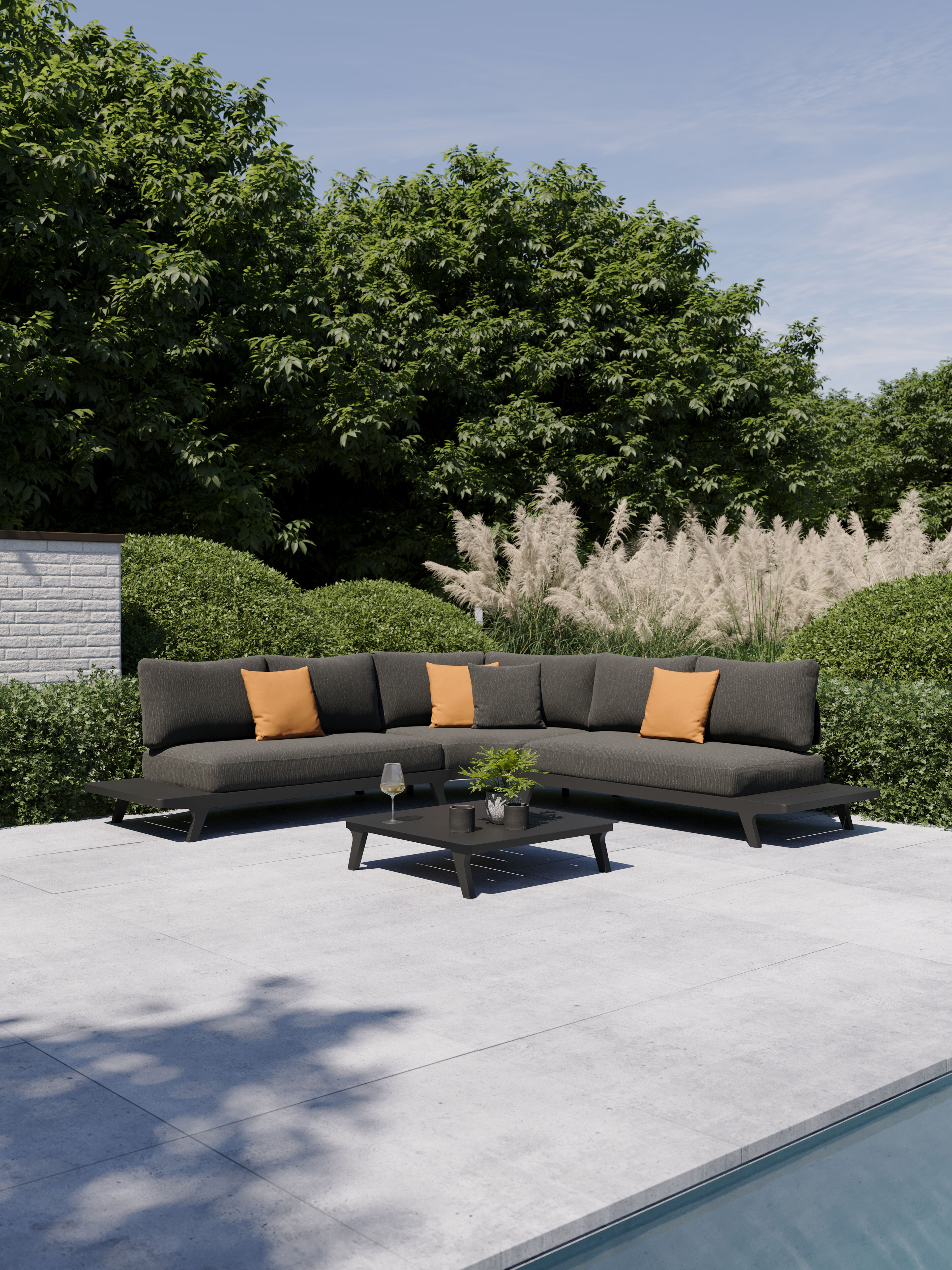 Bolzano loungehoek in zwart aluminium met sky black weather+ softtouch kussen