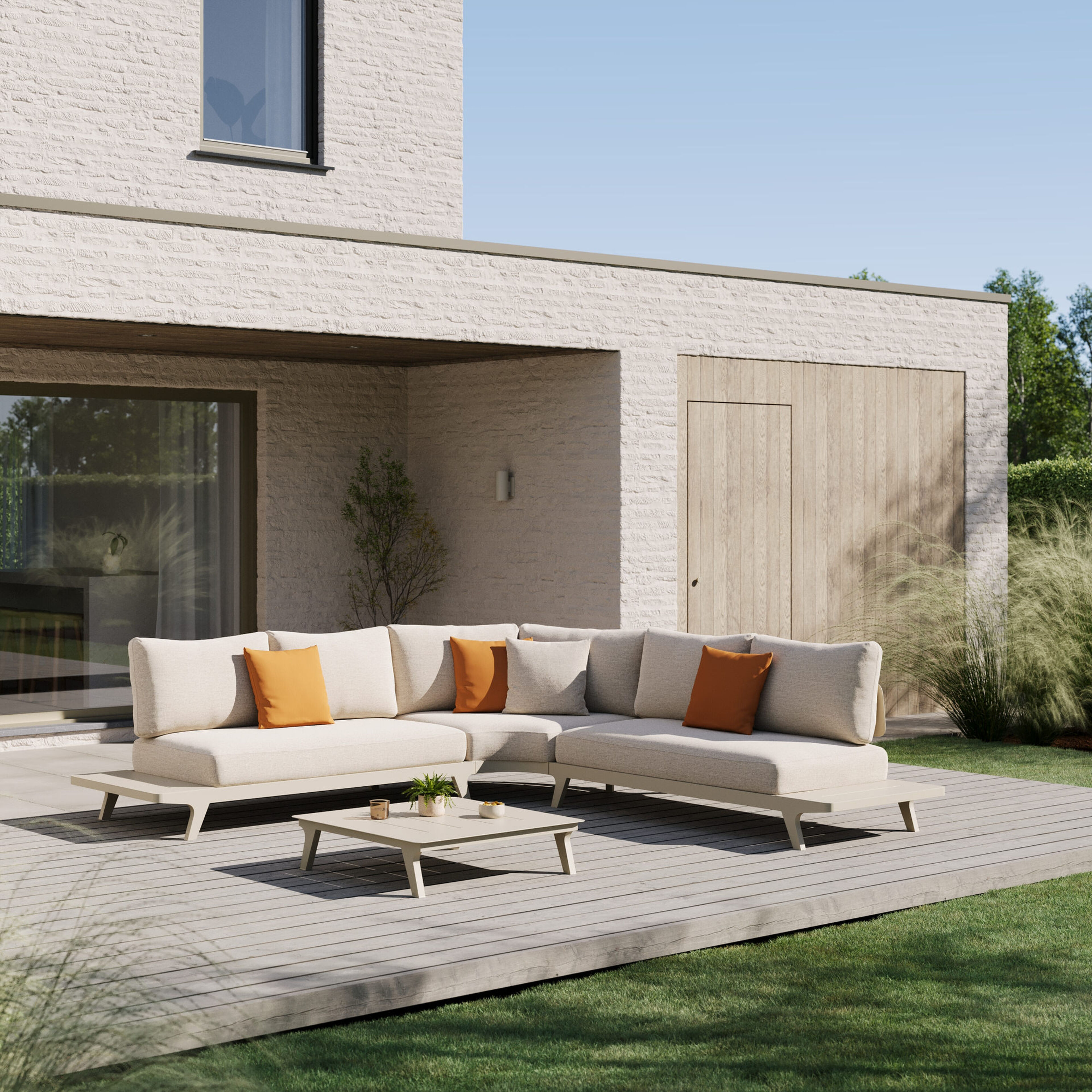 Salon de jardin d'angle Bolzano en aluminium beige et coussins en weather+ softtouch rustic