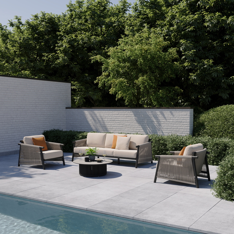 Salon de jardin Erla en aluminium noir et corde ronde tissée verticalement beige et coussins en weather+ softtouch rustic