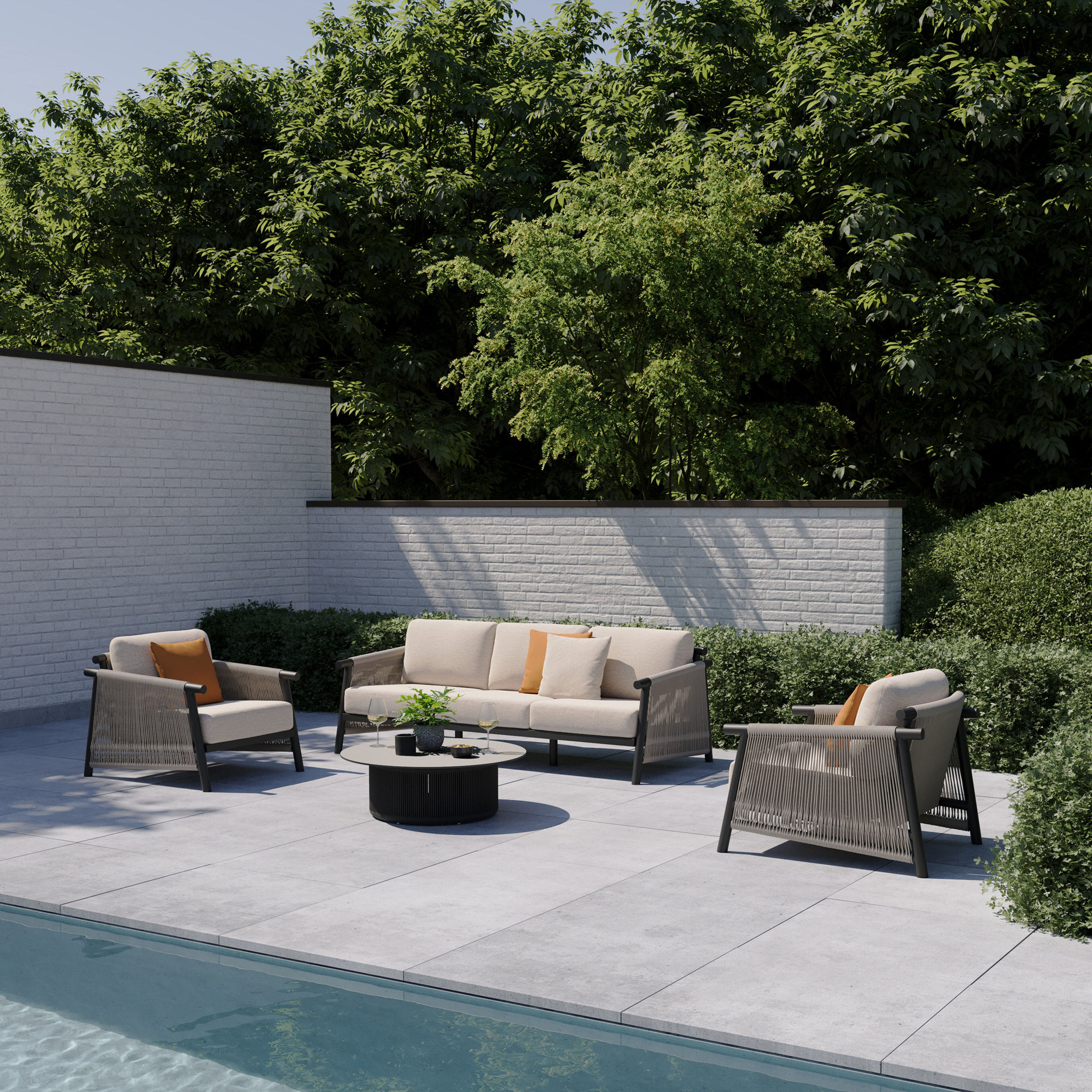 Salon de jardin Erla en aluminium noir et corde ronde tissée verticalement beige et coussins en weather+ softtouch rustic