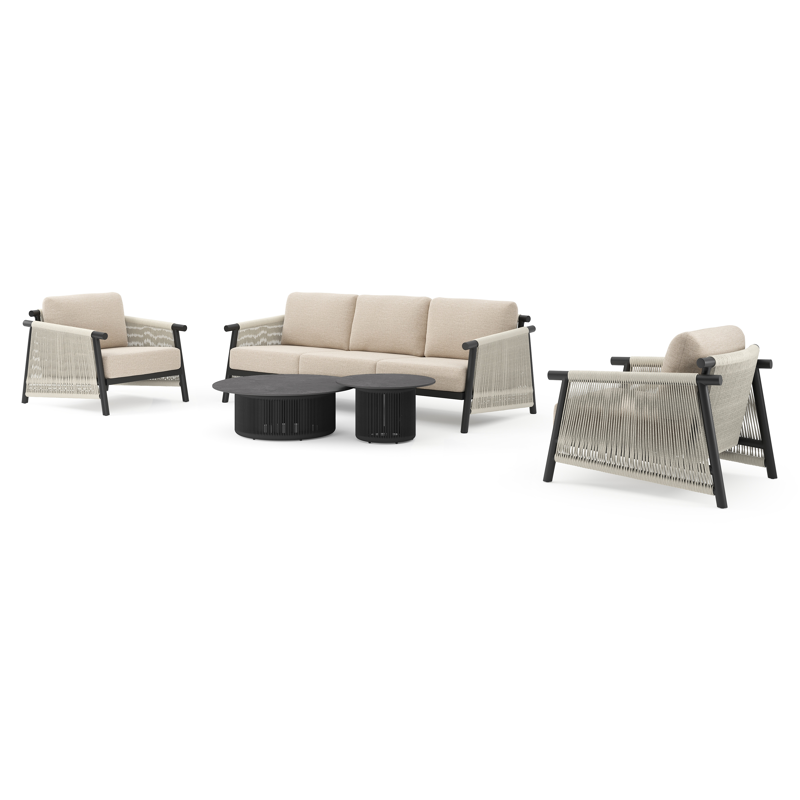 Salon de jardin Erla en corde ronde tissée verticalement beige et coussins en weather+ softtouch rustic et table basse
