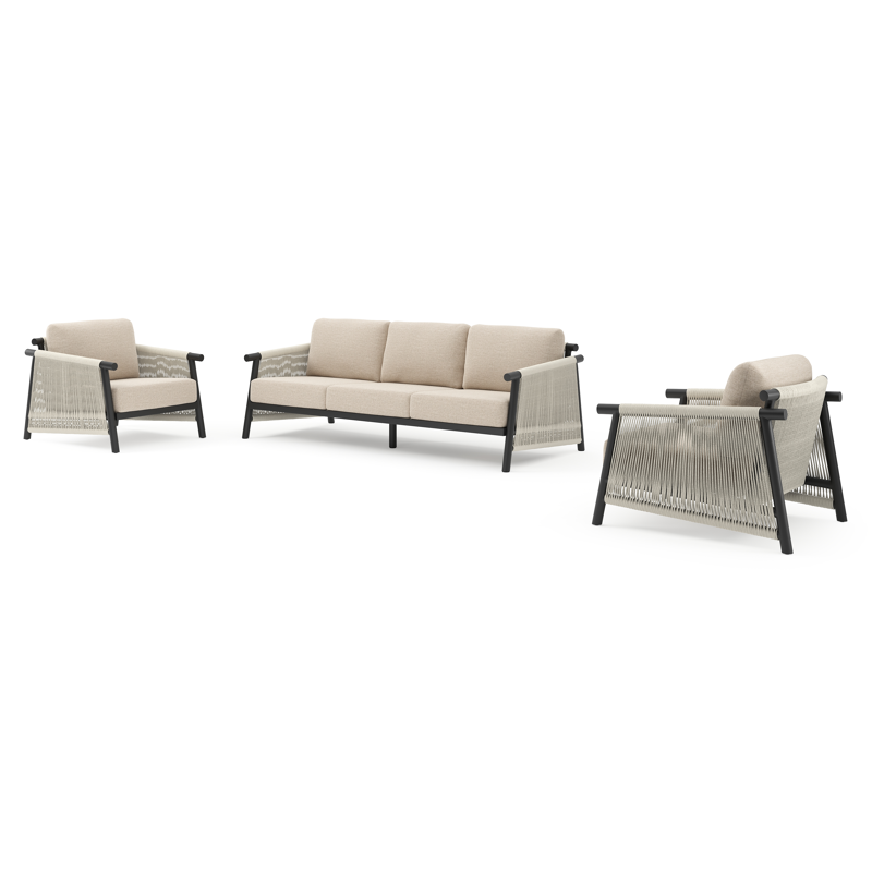 Salon de jardin Erla en aluminium noir et corde ronde tissée verticalement beige et coussins en weather+ softtouch rustic