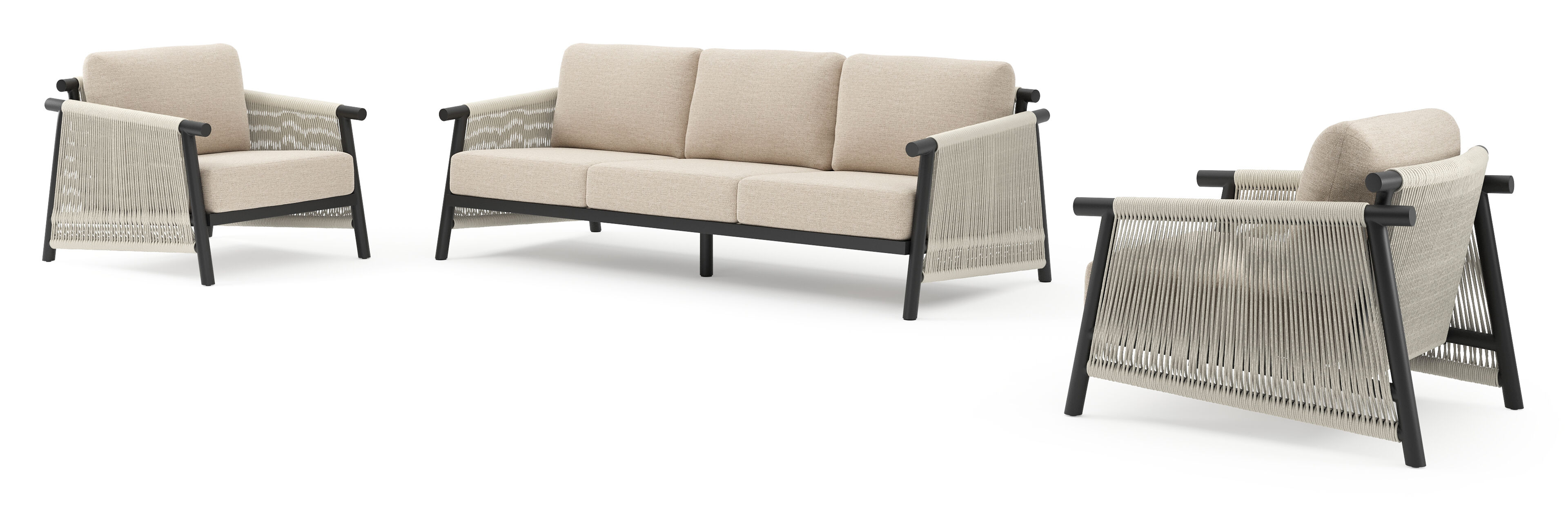 Erla loungeset in zwart verticaal geweven ronde rope en beige verticaal geweven ronde rope met rustic weather+ softtouch kussen