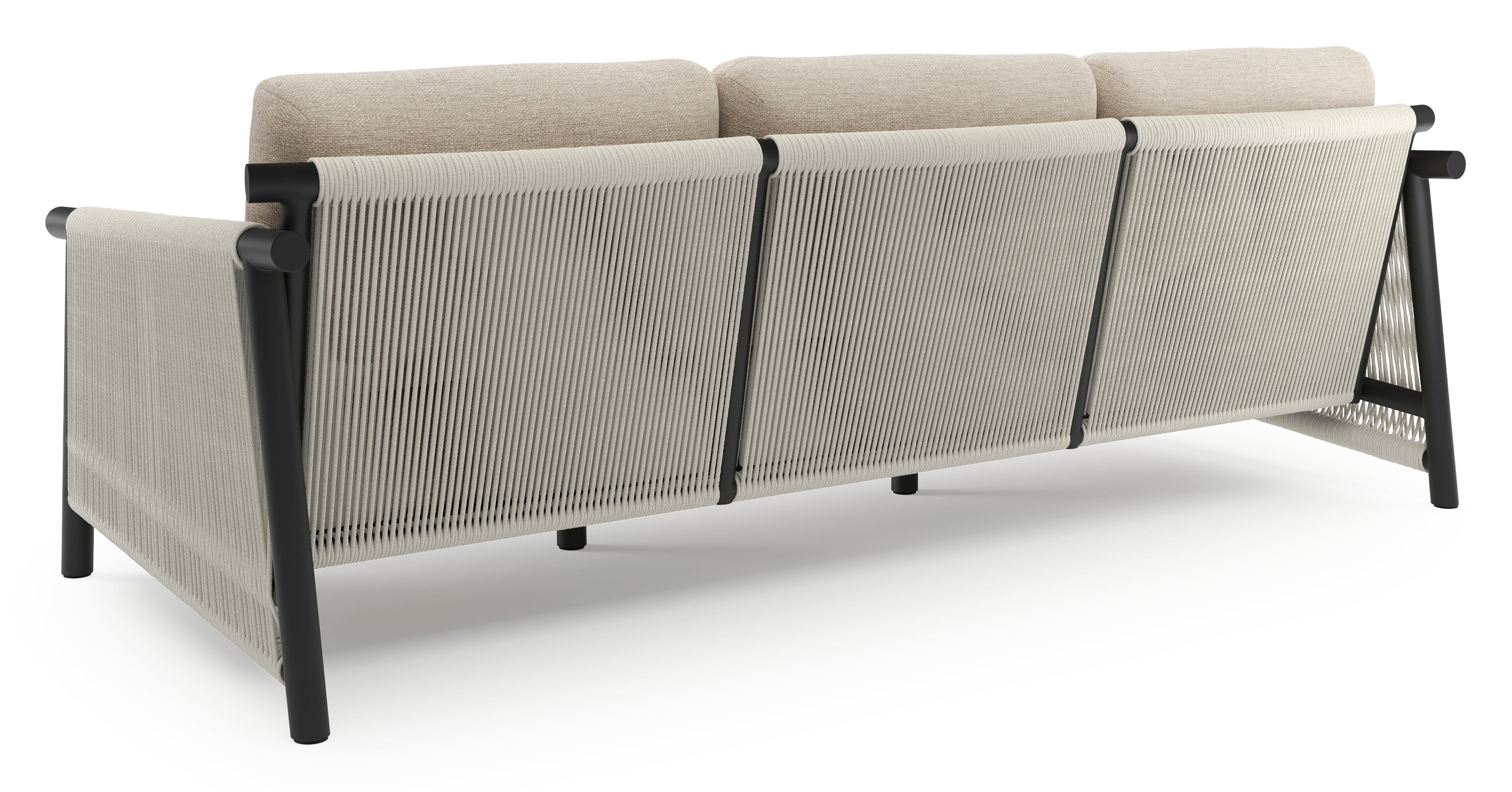Erla loungeset in zwart verticaal geweven ronde rope en beige verticaal geweven ronde rope met rustic weather+ softtouch kussen