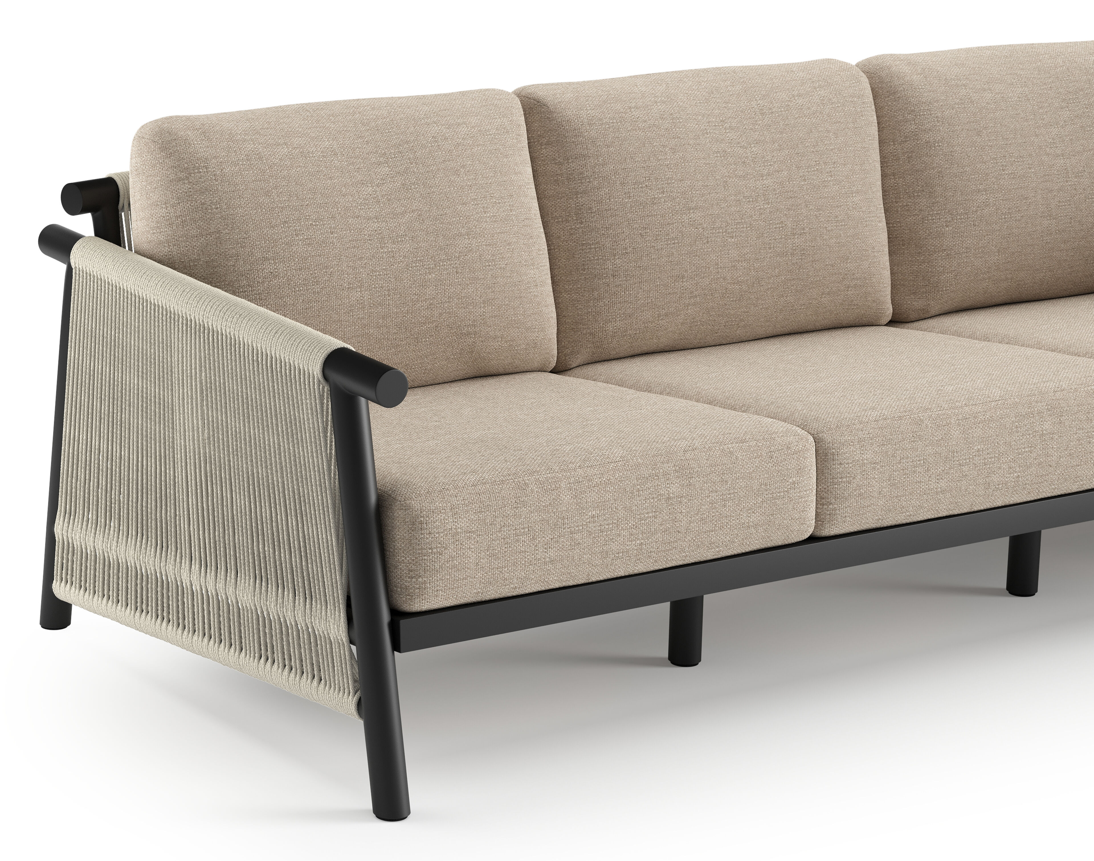Erla loungeset in zwart verticaal geweven ronde rope en beige verticaal geweven ronde rope met rustic weather+ softtouch kussen