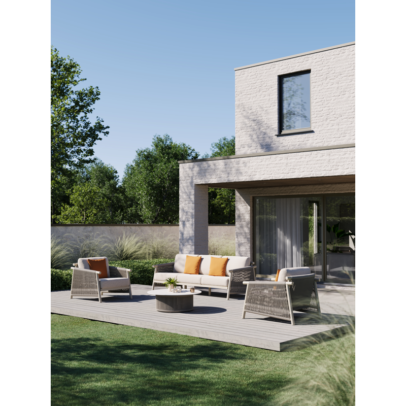Salon de jardin Erla en corde ronde tissée verticalement beige et corde ronde tissée verticalement beige et coussins en weather+ softtouch rustic