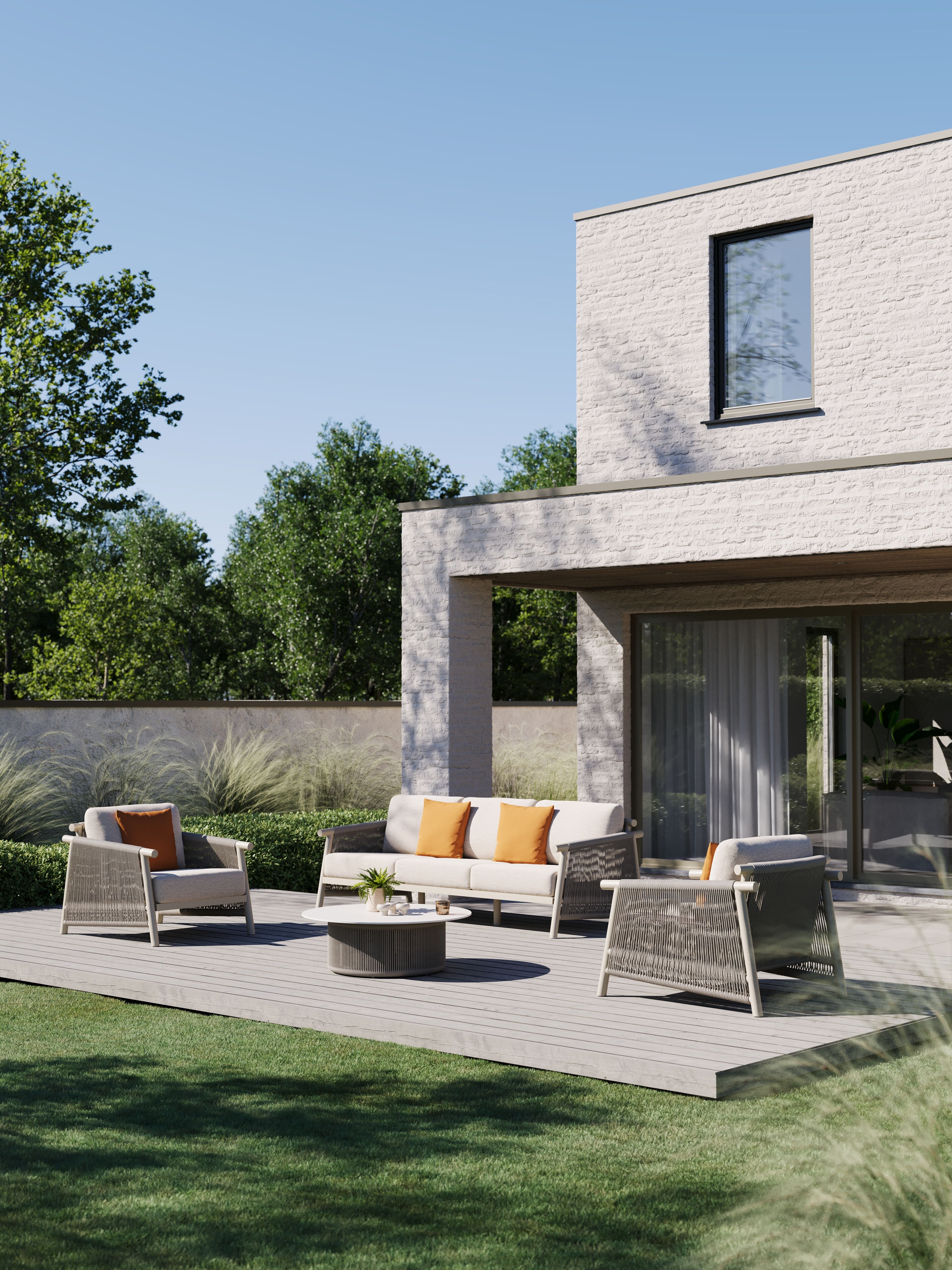 Salon de jardin Erla en corde ronde tissée verticalement beige et corde ronde tissée verticalement beige et coussins en weather+ softtouch rustic