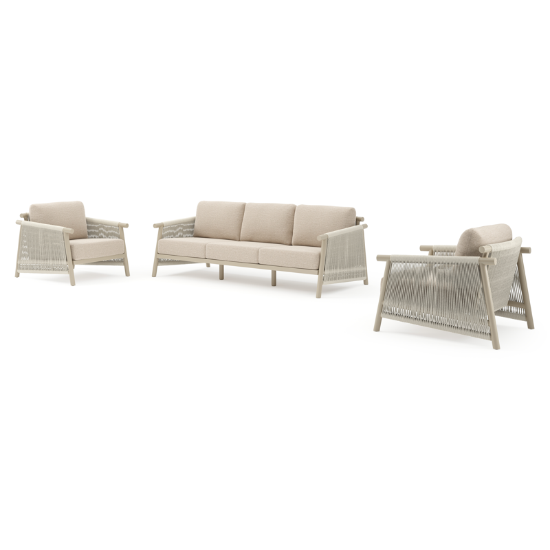 Salon de jardin Erla en corde ronde tissée verticalement beige et corde ronde tissée verticalement beige et coussins en weather+ softtouch rustic