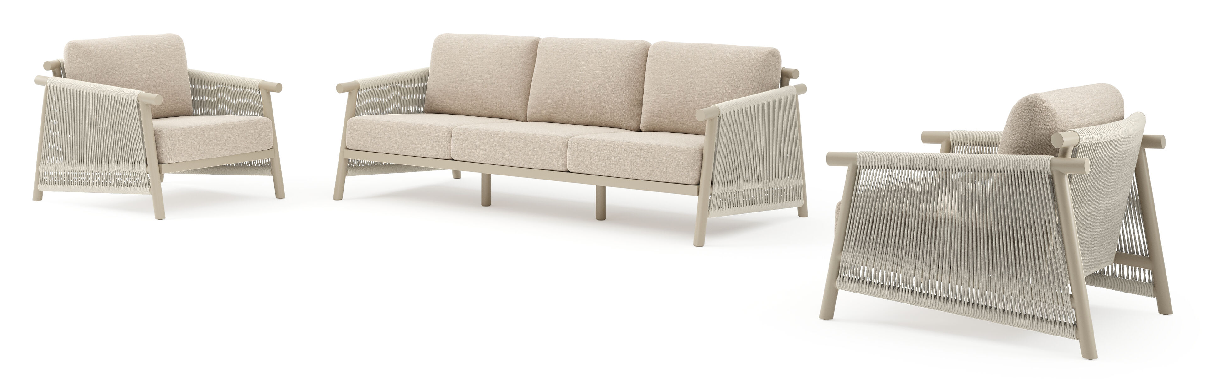 Erla loungeset in beige verticaal geweven ronde rope en beige verticaal geweven ronde rope met rustic weather+ softtouch kussen