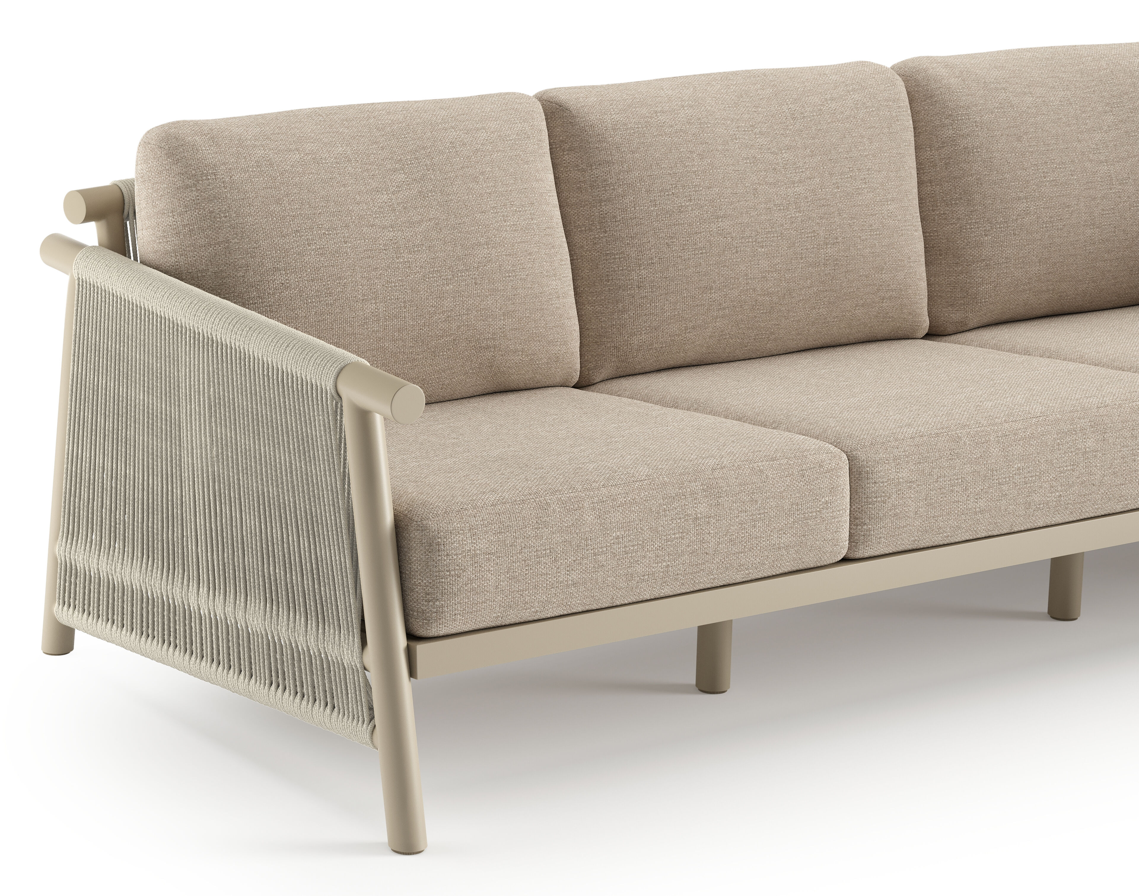 Erla loungeset in beige verticaal geweven ronde rope en beige verticaal geweven ronde rope met rustic weather+ softtouch kussen