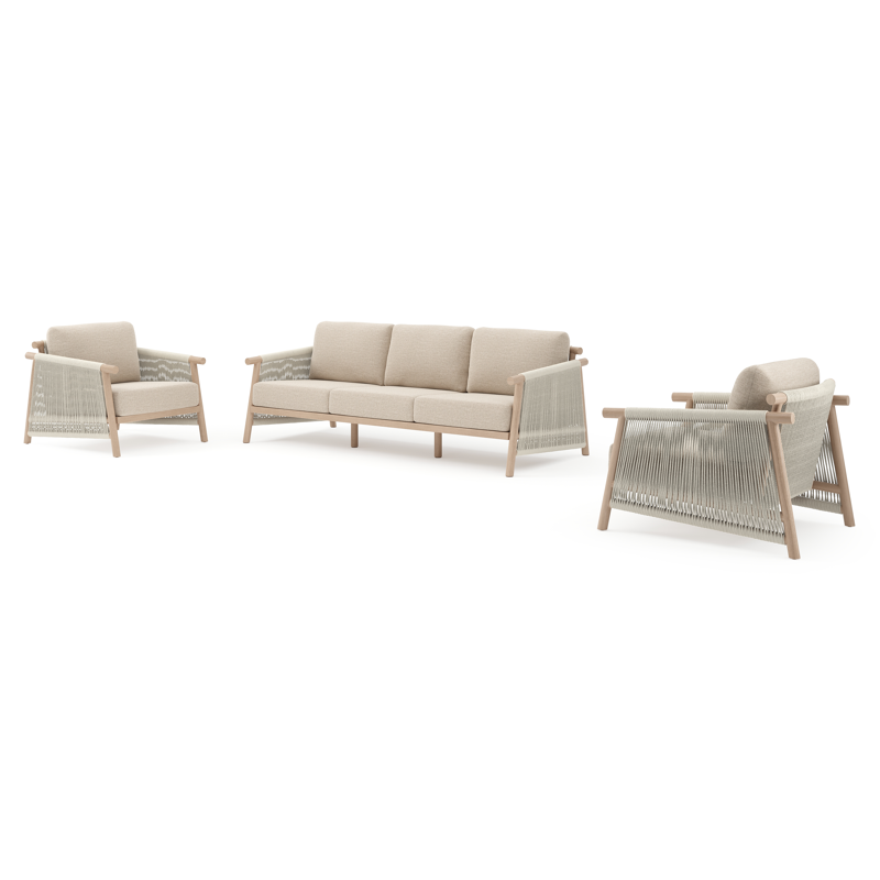 Salon de jardin Erla en aspect de bois naturel et corde ronde tissée verticalement beige et coussins en weather+ softtouch rustic