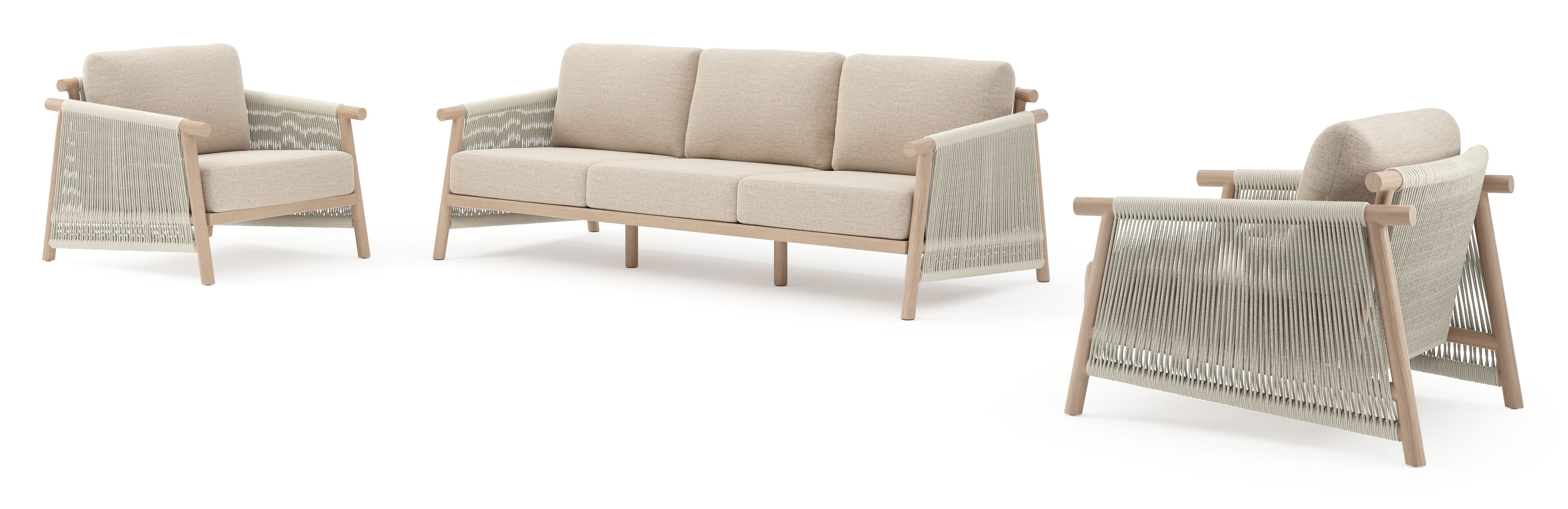 Erla loungeset in houtlook verticaal geweven ronde rope en beige verticaal geweven ronde rope met rustic weather+ softtouch kussen