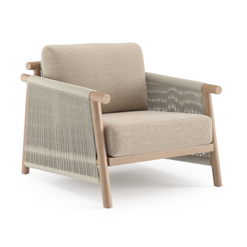 Fauteuil de jardi Erla en corde ronde tissée verticalement aspect de bois et corde ronde tissée verticalement beige et coussins en weather+ softtouch rustic
