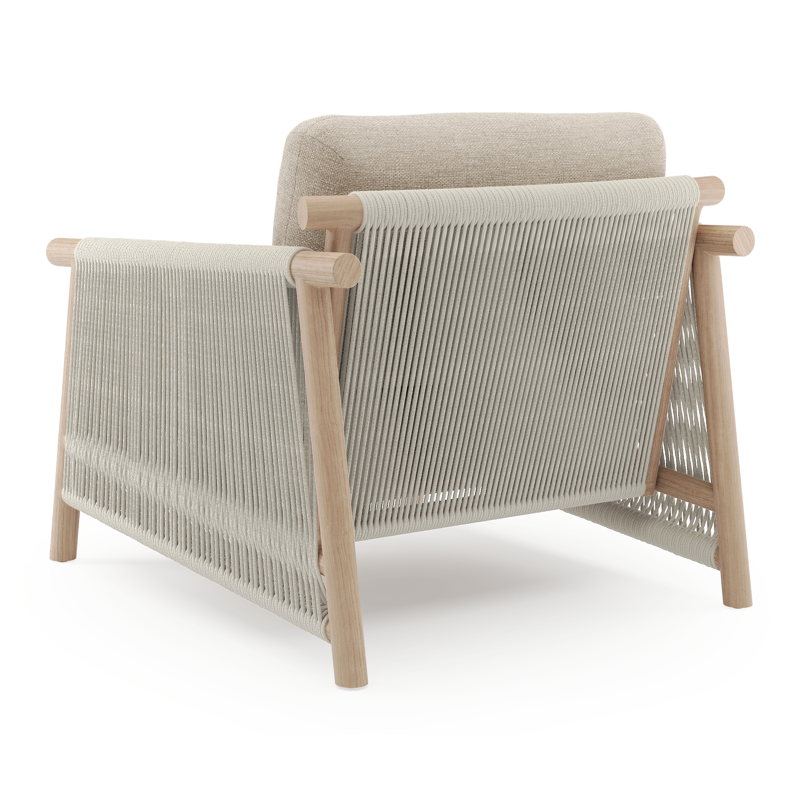 Fauteuil de jardi Erla en corde ronde tissée verticalement aspect de bois et corde ronde tissée verticalement beige et coussins en weather+ softtouch rustic