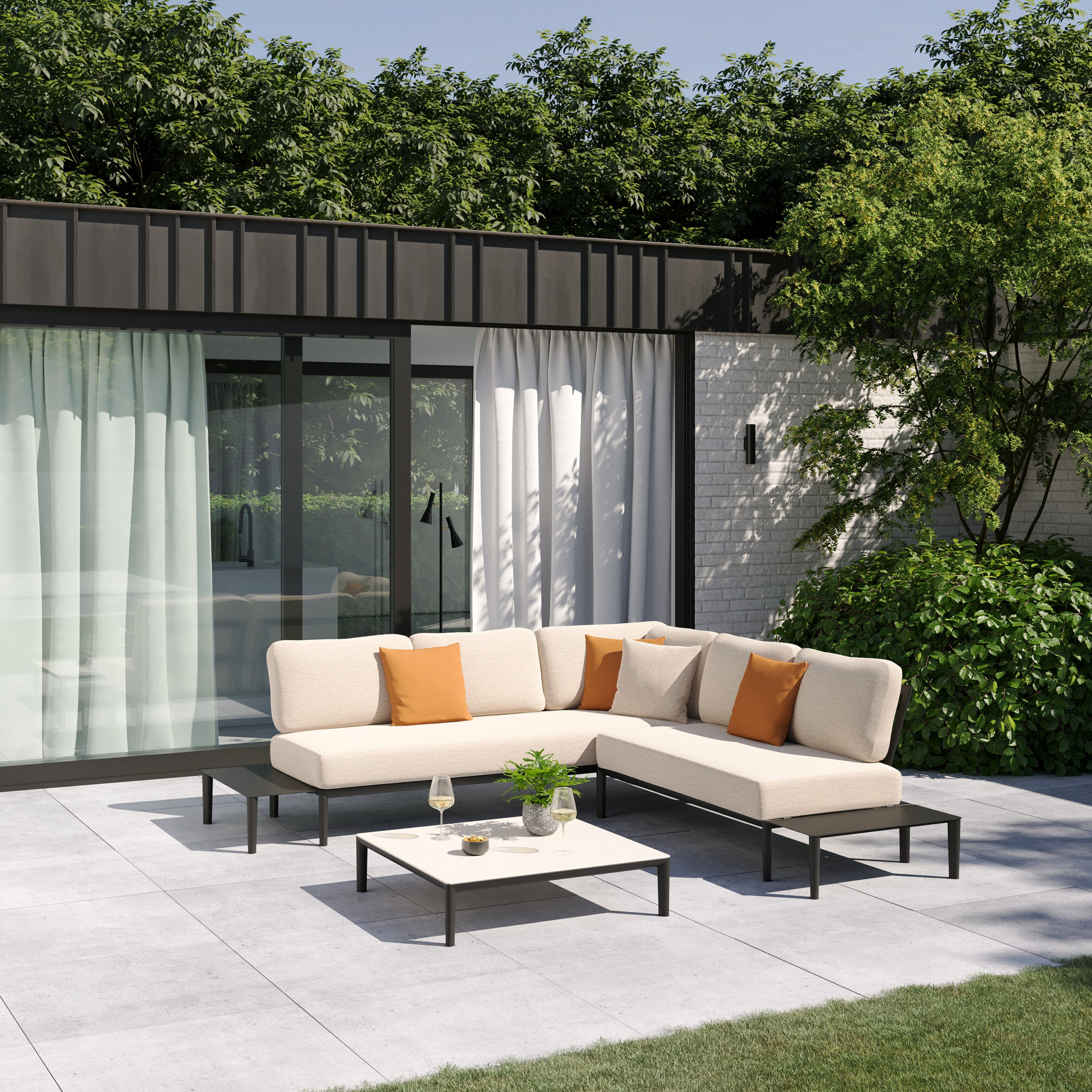 Salon de jardin d'angle Tolosa en aluminium noir et coussins en weather+ softtouch rustic et table basse