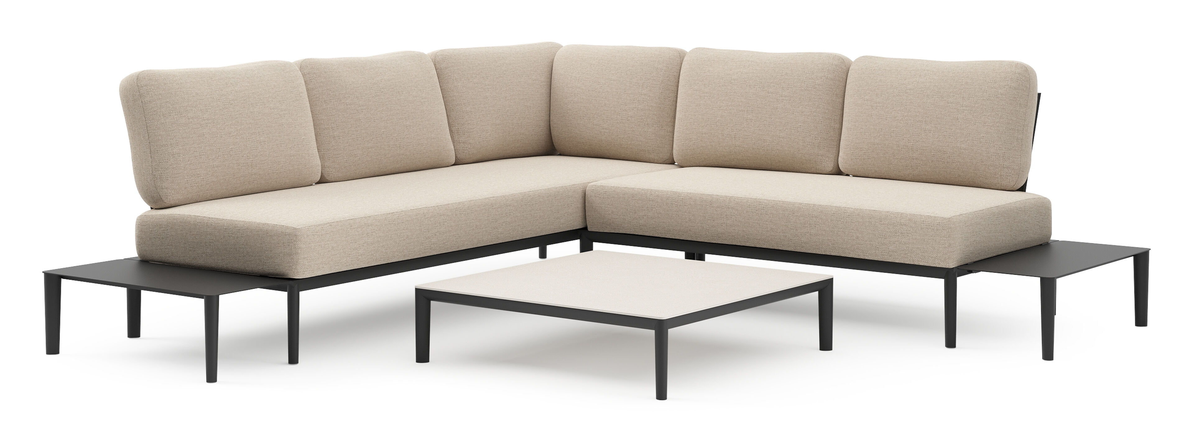 Tolosa loungehoek in zwart aluminium met rustic weather+ softtouch kussens en loungetafel
