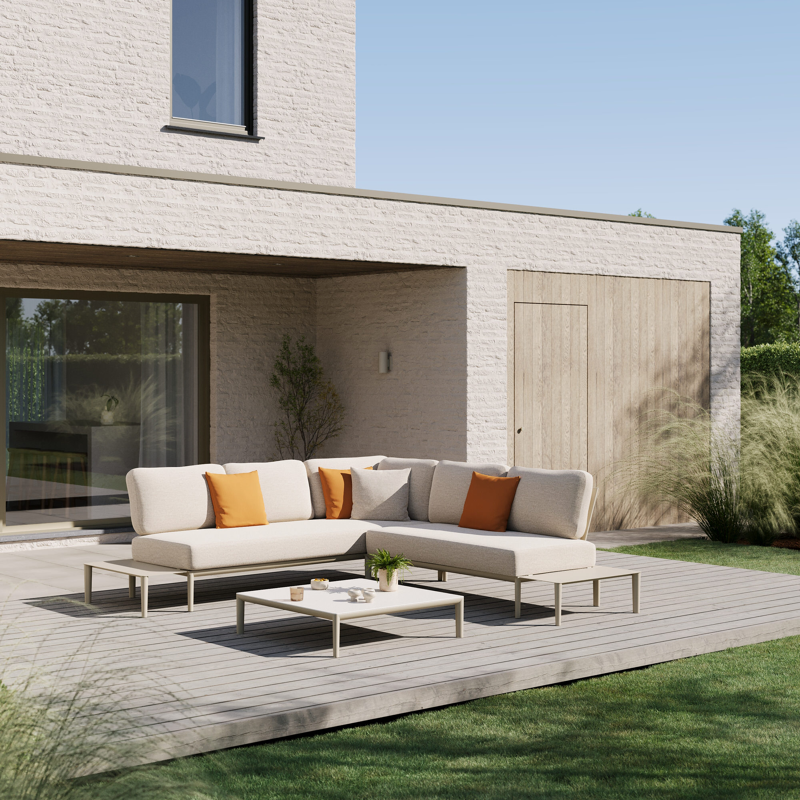Salon de jardin d'angle Tolosa en aluminium beige et coussins en weather+ softtouch rustic