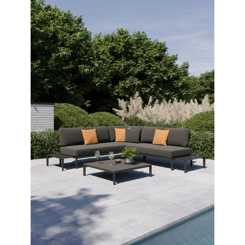Salon de jardin d'angle Tolosa en aluminium noir et coussins en weather+ softtouch sky black