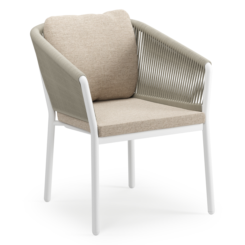 Gerona stapelbare tuinstoel in wit aluminium en beige verticaal geweven ronde rope met kussen in Rustic Weather+ Softtouch