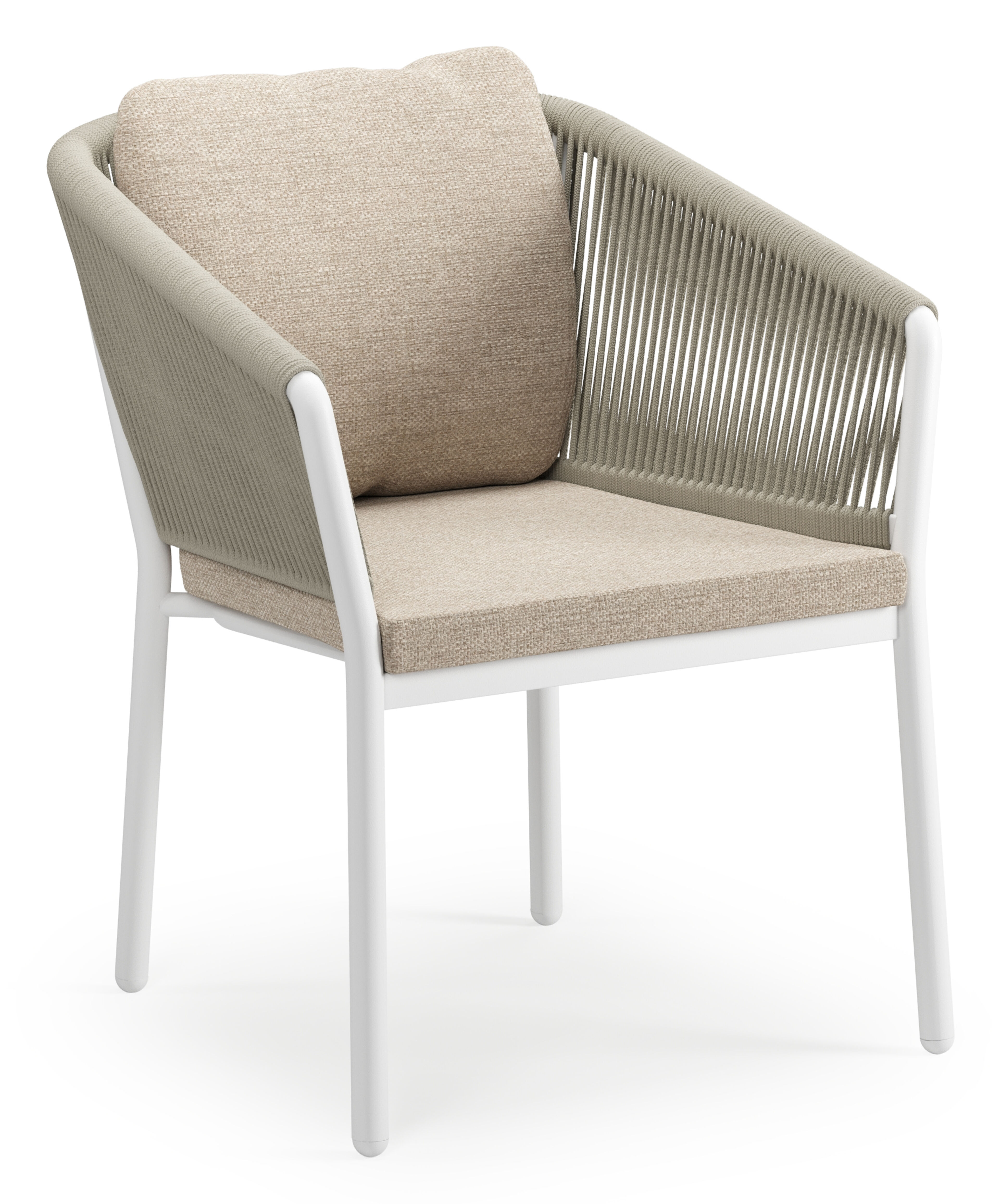 Gerona stapelbare tuinstoel in wit aluminium en beige verticaal geweven ronde rope met kussen in Rustic Weather+ Softtouch