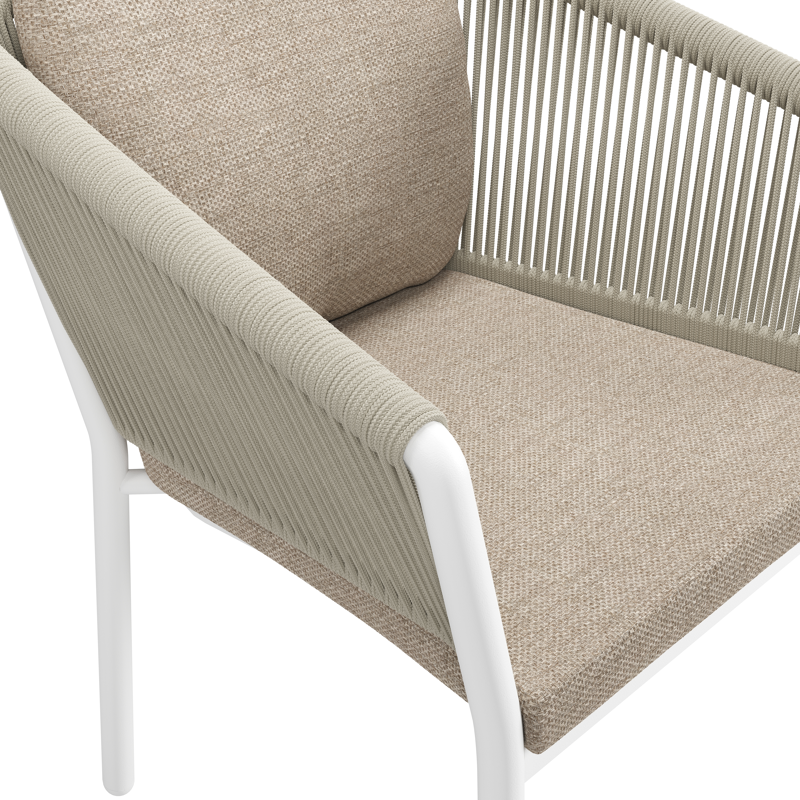 Gerona stapelbare tuinstoel in wit aluminium en beige verticaal geweven ronde rope met kussen in Rustic Weather+ Softtouch