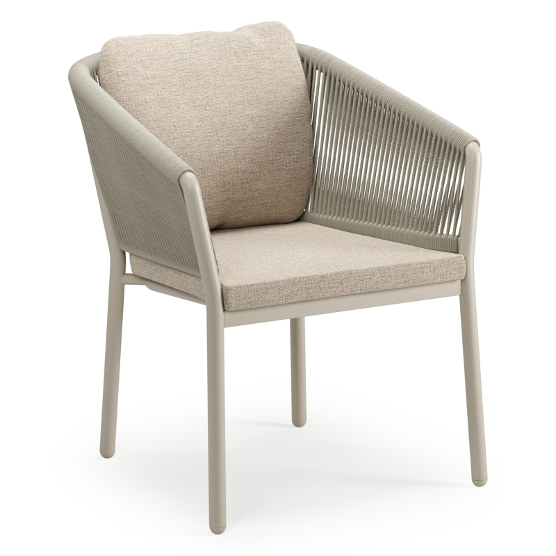Gerona stapelbare tuinstoel in beige aluminium en beige verticaal geweven ronde rope met kussen in Rustic Weather+ Softtouch