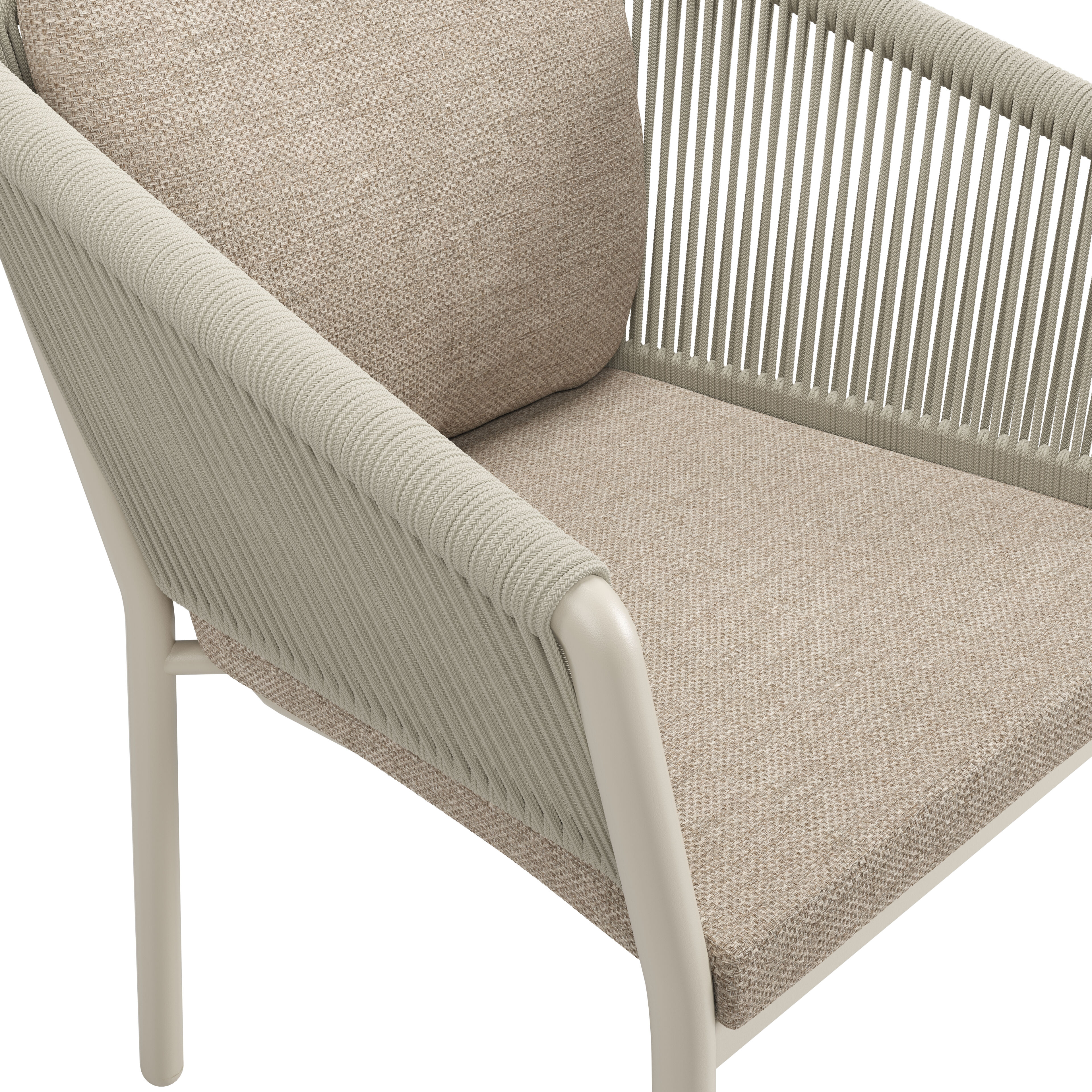 Chaise de jardin empilable Gerona en aluminium beige et corde ronde tissée verticalement beige avec coussin en Weather+ Softtouch Rustic