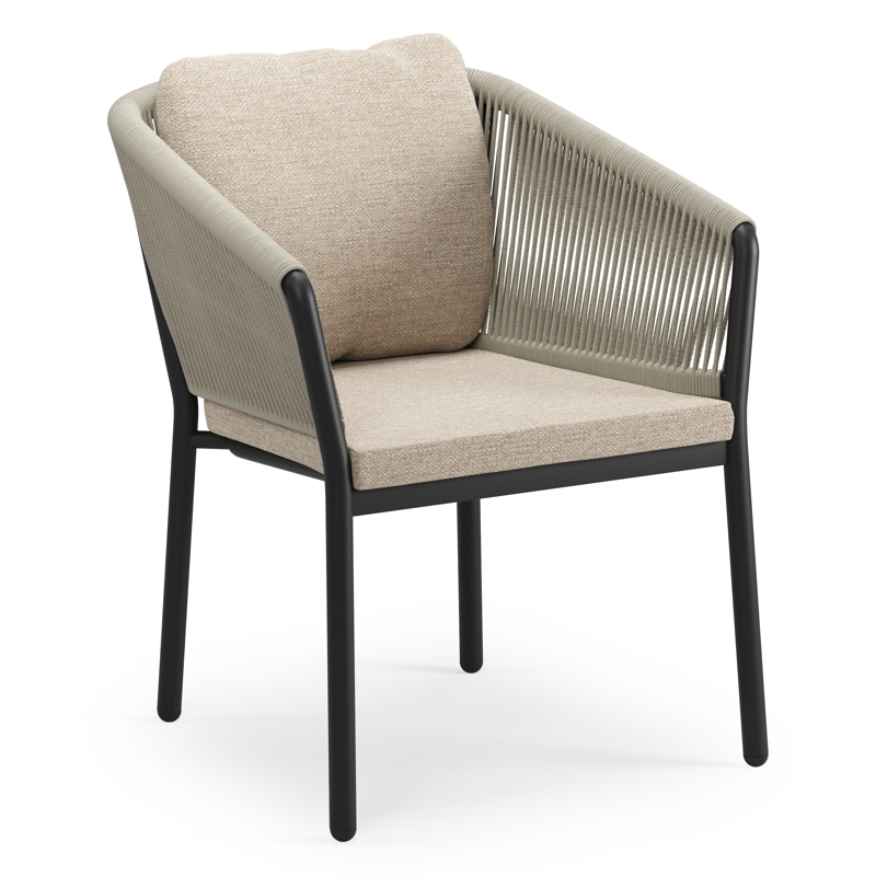 Gerona stapelbare tuinstoel in zwart aluminium en beige verticaal geweven ronde rope met kussen in Rustic Weather+ Softtouch
