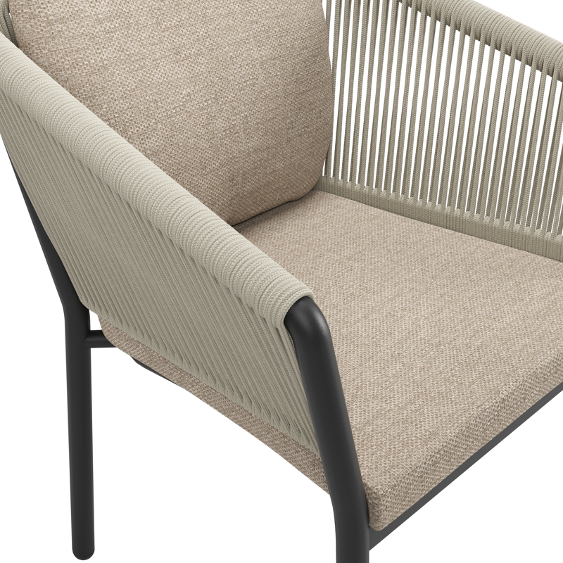 Gerona stapelbare tuinstoel in zwart aluminium en beige verticaal geweven ronde rope met kussen in Rustic Weather+ Softtouch