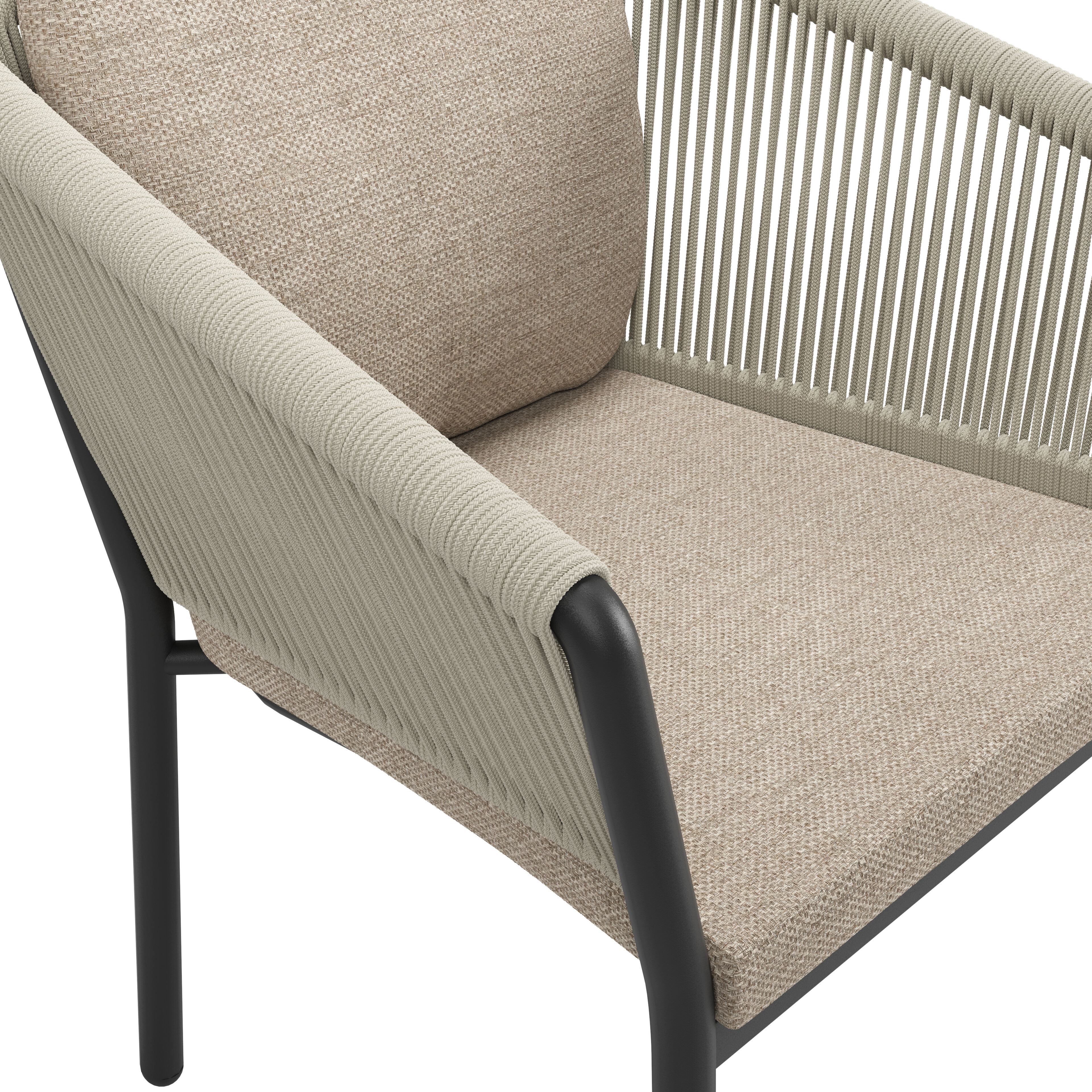 Gerona stapelbare tuinstoel in zwart aluminium en beige verticaal geweven ronde rope met kussen in Rustic Weather+ Softtouch