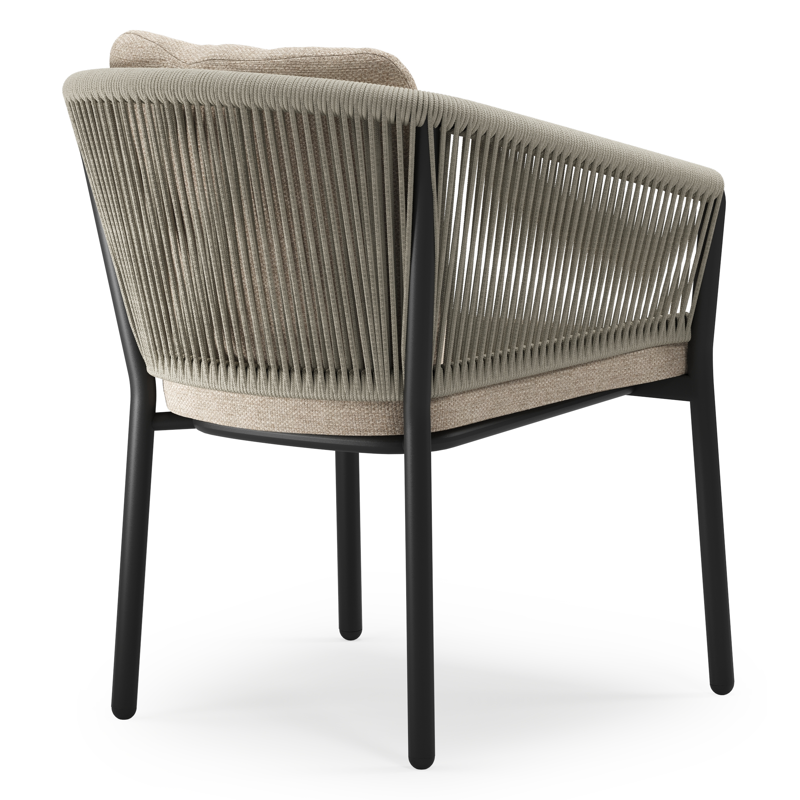 Gerona stapelbare tuinstoel in zwart aluminium en beige verticaal geweven ronde rope met kussen in Rustic Weather+ Softtouch