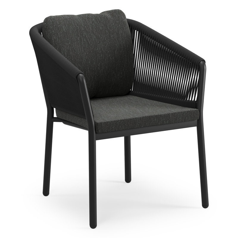 Chaise de jardin empilable Gerona en aluminium noir et corde ronde tissée verticalement noir avec coussin en Sky Black Weather+ Softtouch