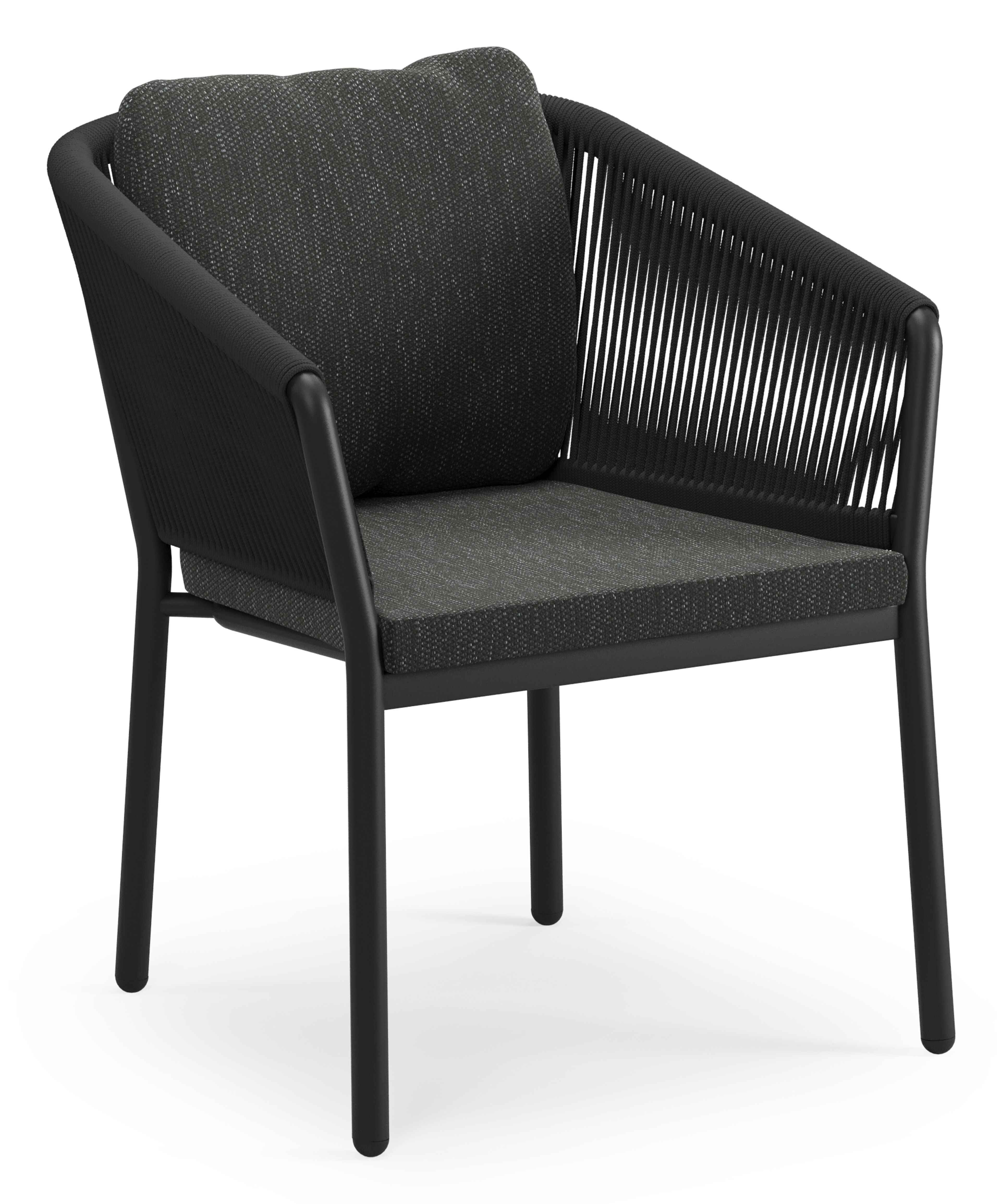 Chaise de jardin empilable Gerona en aluminium noir et corde ronde tissée verticalement noir avec coussin en Sky Black Weather+ Softtouch