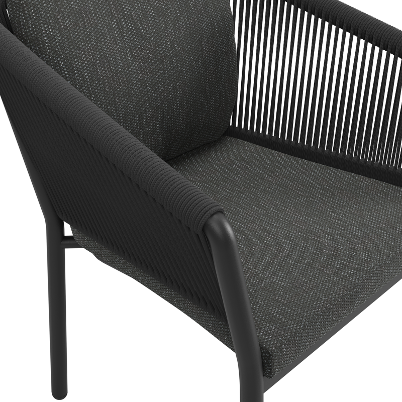 Chaise de jardin empilable Gerona en aluminium noir et corde ronde tissée verticalement noir avec coussin en Sky Black Weather+ Softtouch