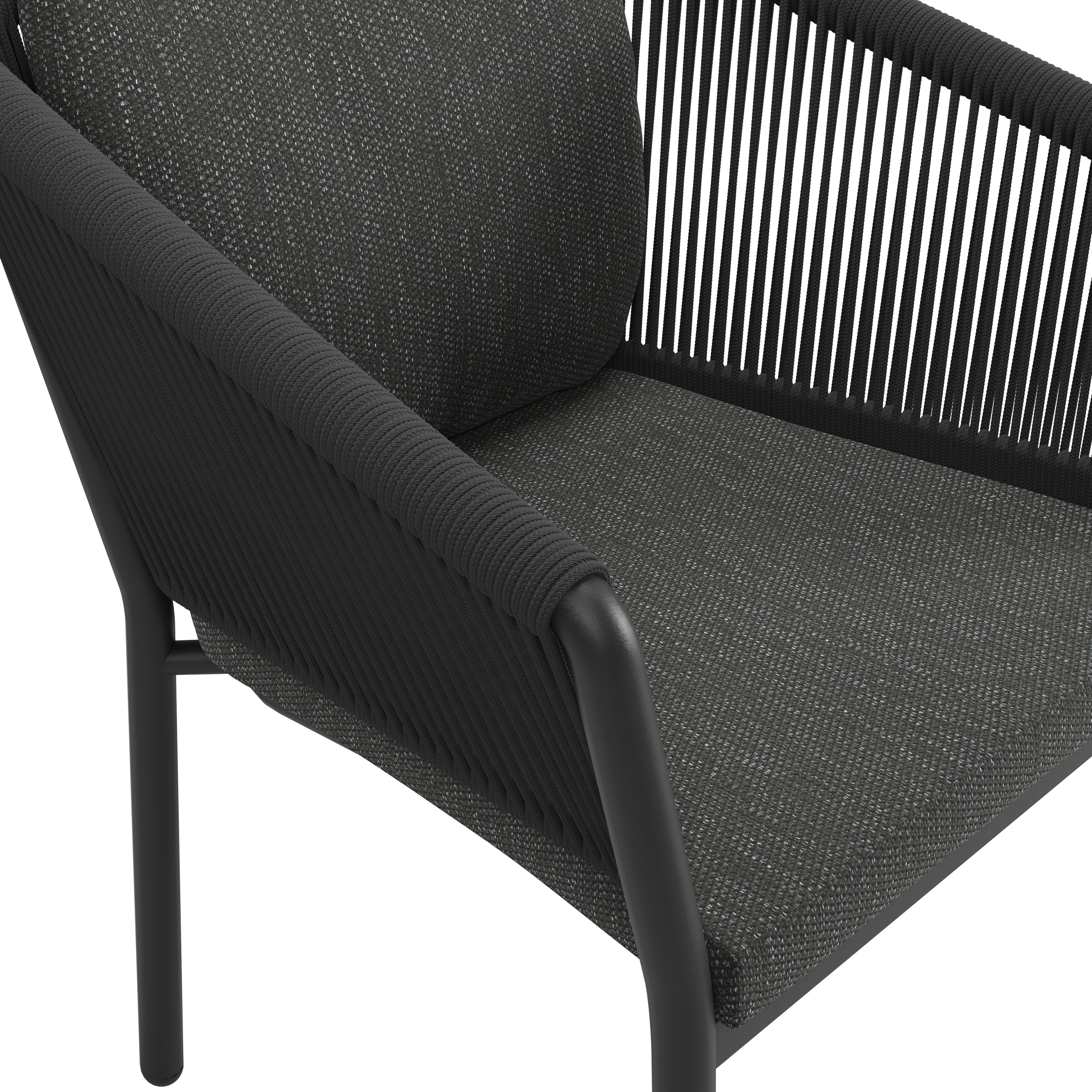 Chaise de jardin empilable Gerona en aluminium noir et corde ronde tissée verticalement noir avec coussin en Sky Black Weather+ Softtouch