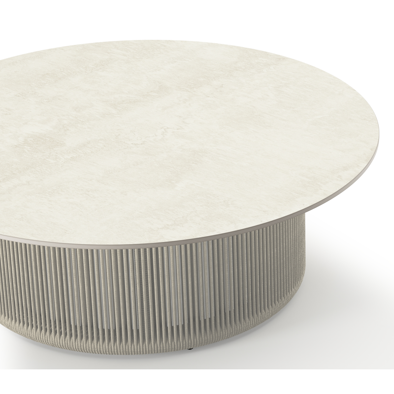 Erla loungetafel in beige en beige verticaal geweven ronde rope aluminium en beige rope met sintered stone beige - Dia. 90 x H 30 cm