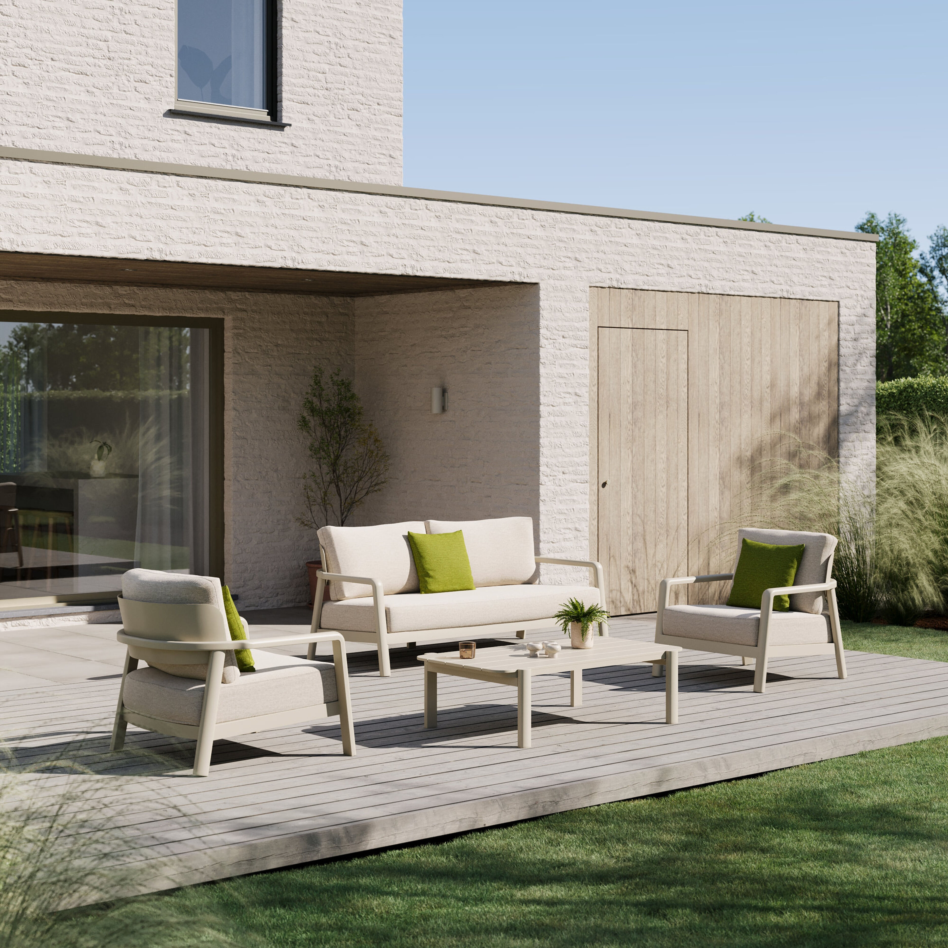 Canapé de jardin Salamanca en aluminium beige et coussins en weather+ softtouch rustic