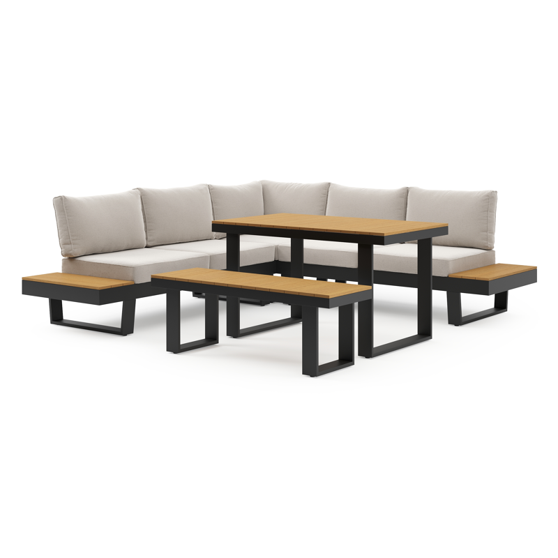 Alora loungehoek in zwart aluminium met beige Weather+ Olefin kussens en loungetafel