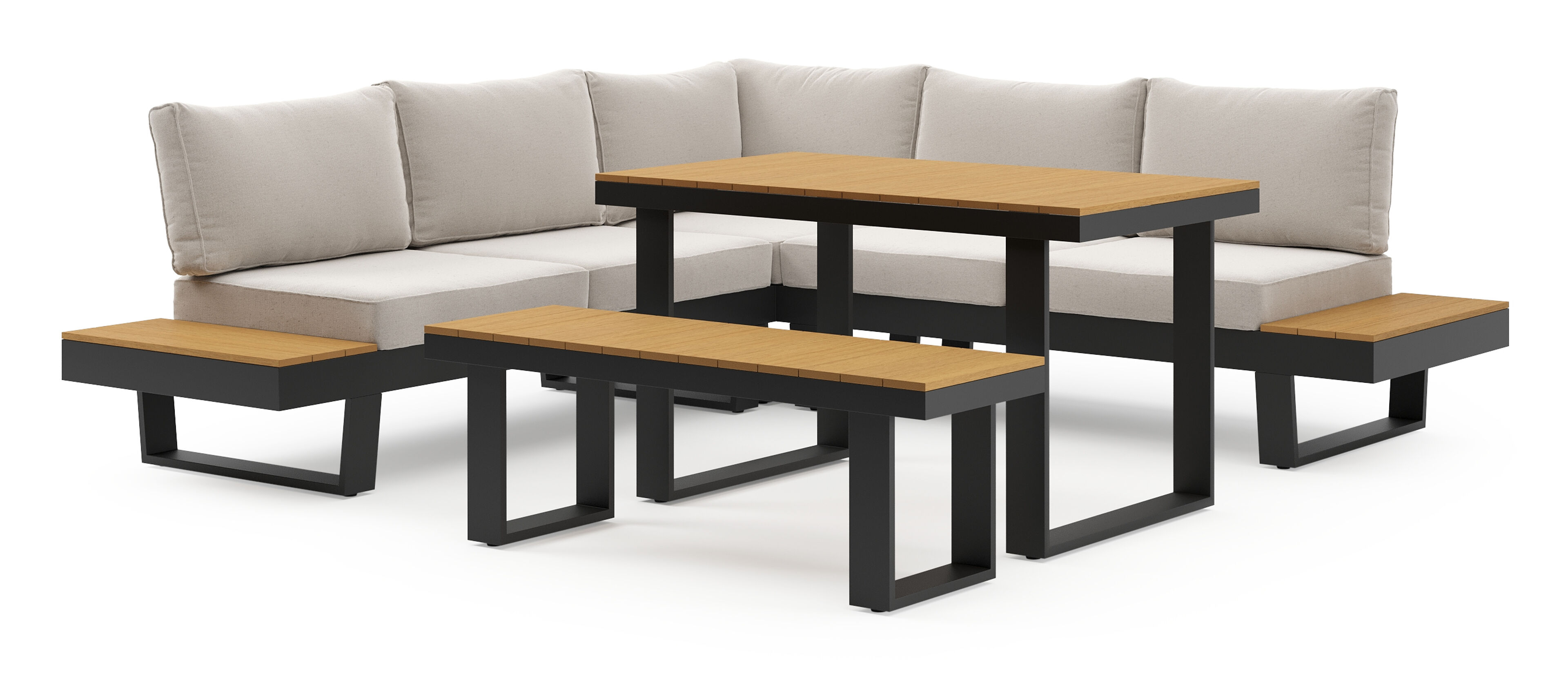 Alora loungehoek in zwart aluminium met beige weather+ softtouch kussens en loungetafel