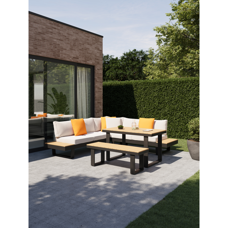 Alora loungehoek in zwart aluminium met beige Weather+ Olefin kussens en loungetafel