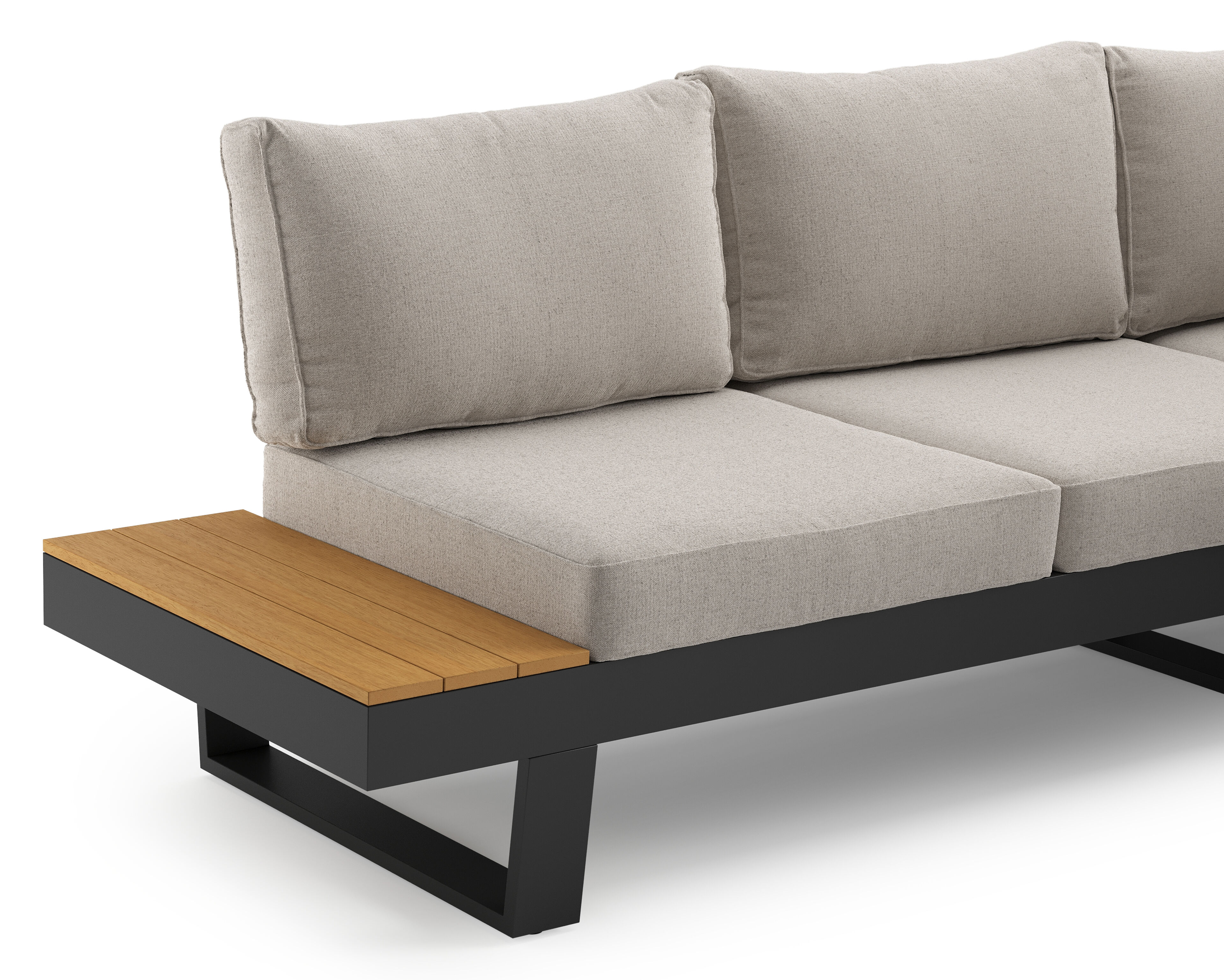 Alora loungehoek in zwart aluminium met beige weather+ softtouch kussens en loungetafel