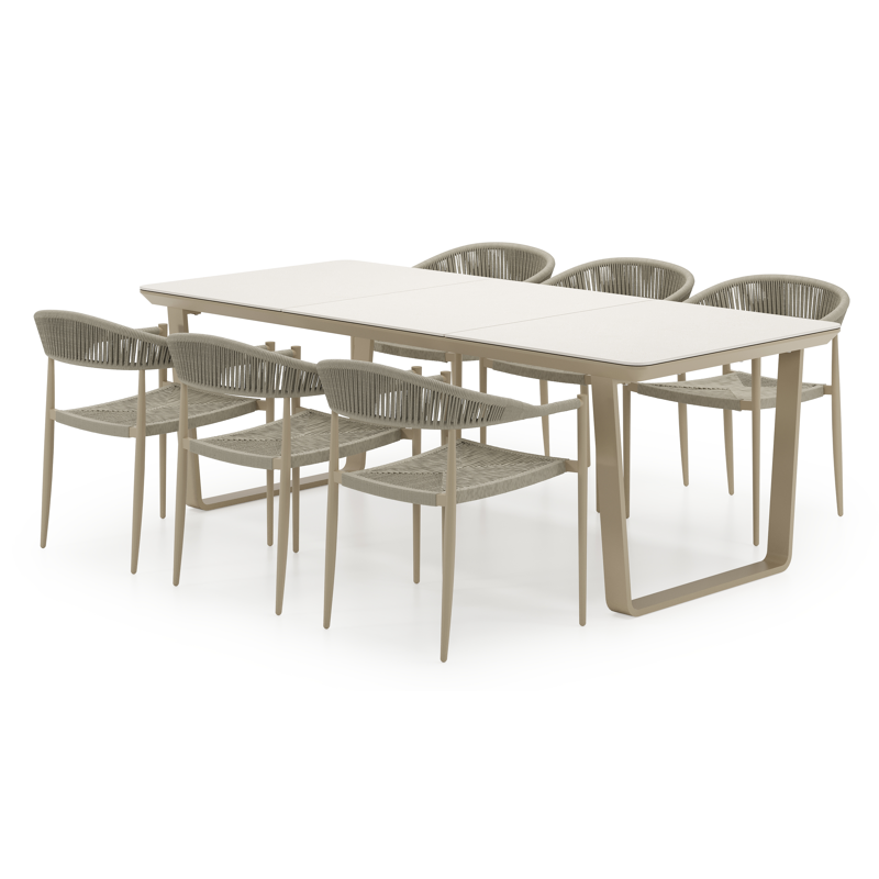 Alora tuinset afgerond rechthoekig in beige aluminium en sintered stone beige met 6 Guarda tuinstoelen
