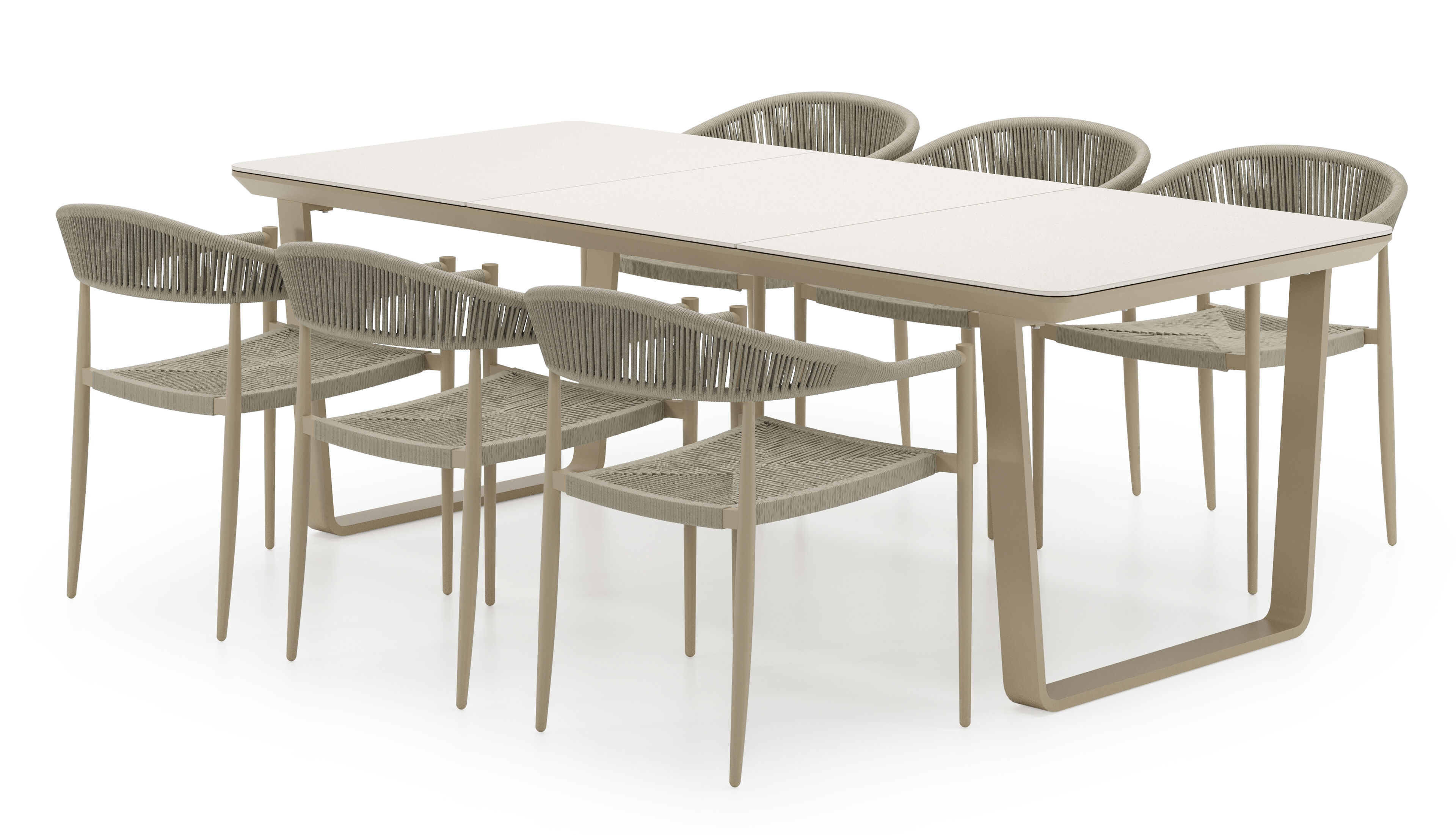 Alora tuinset afgerond rechthoekig in beige aluminium en sintered stone beige met 6 Guarda tuinstoelen