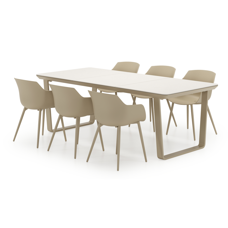 Alora tuinset afgerond rechthoekig in beige aluminium en sintered stone beige met 6 Paco tuinstoelen
