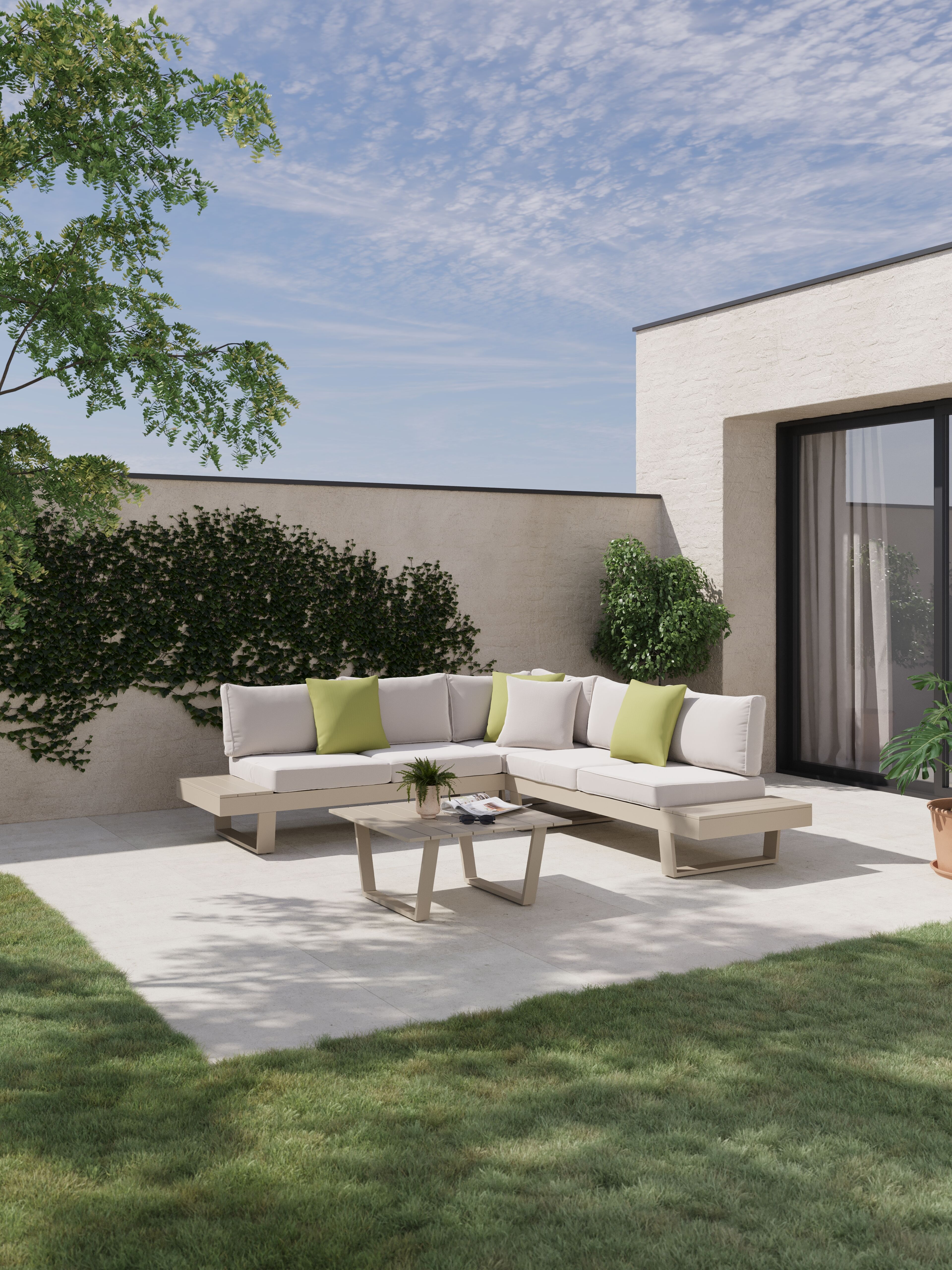 Salon de jardin d'angle Alora en aluminium beige et coussins en weather+ softtouch beige et table basse