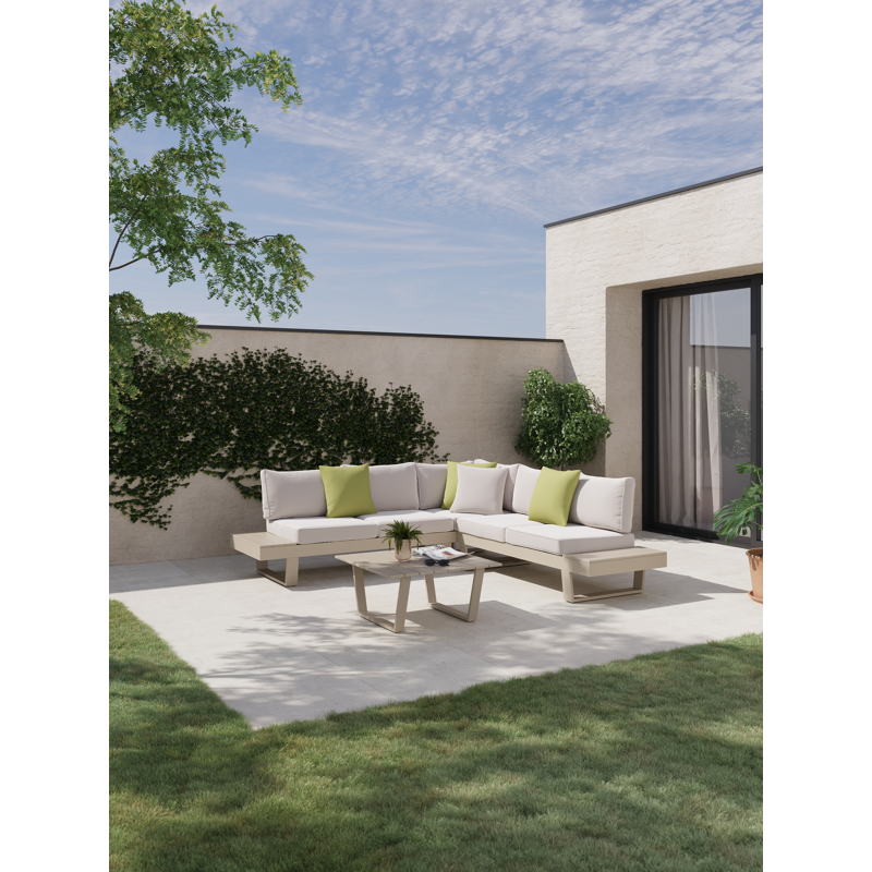 Alora loungehoek in beige aluminium met beige Weather+ Olefin kussens en loungetafel
