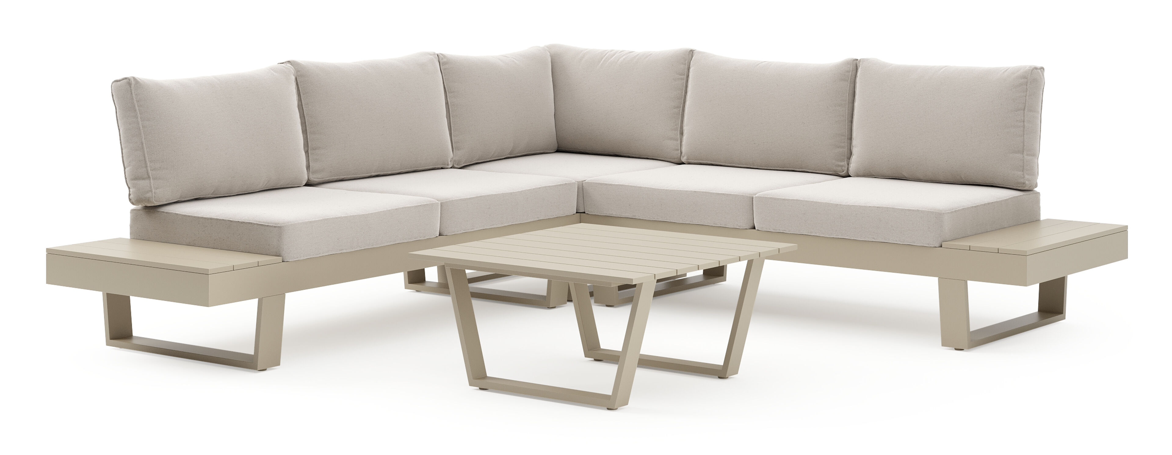 Alora loungehoek in beige aluminium met beige weather+ softtouch kussens en loungetafel